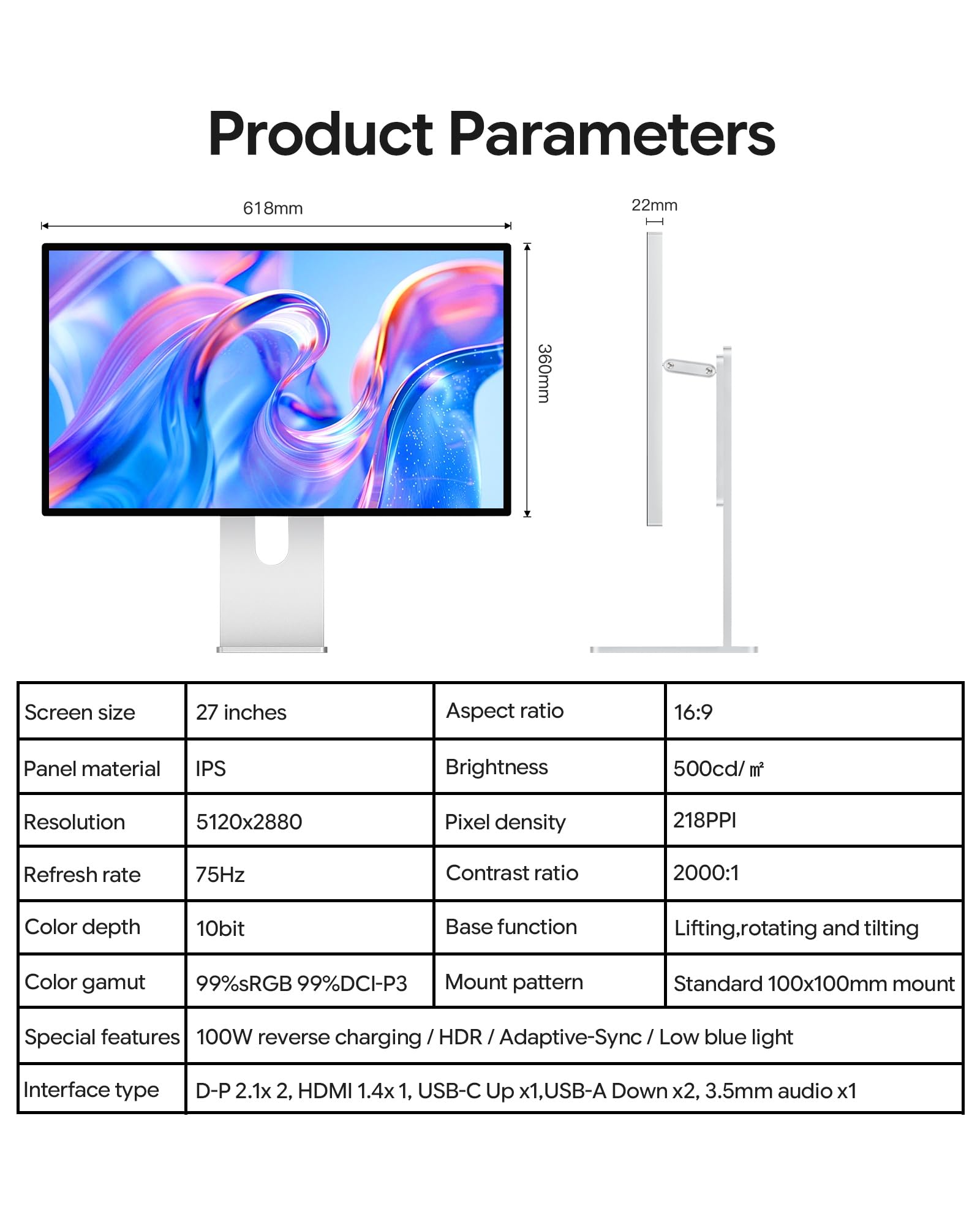 Monitór G27P 27 cali 5K (5120x2880), Matryca IPS 2000:1, 600 nitów, 75Hz, 10-bit, 99% DCI-P3, USB-C 100W PD, DisplayPort Alt Mode – Do Projektowania i Pracy Kreatywnej (Plaster miodu – bez stojaka)