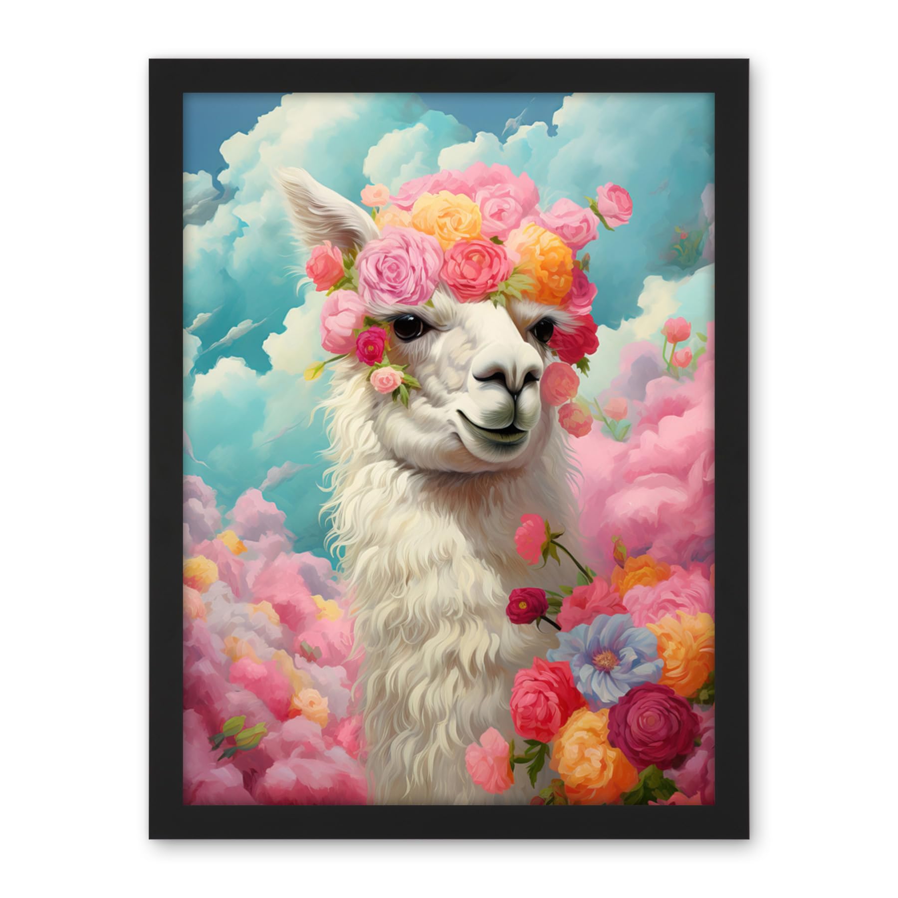 Artery8 Head in the Clouds Conceptual Artwork Fabulous Carefree Llama with Rose Flower Headband Kids Room Artwork Framed Wall Art Print 18X24 Inch