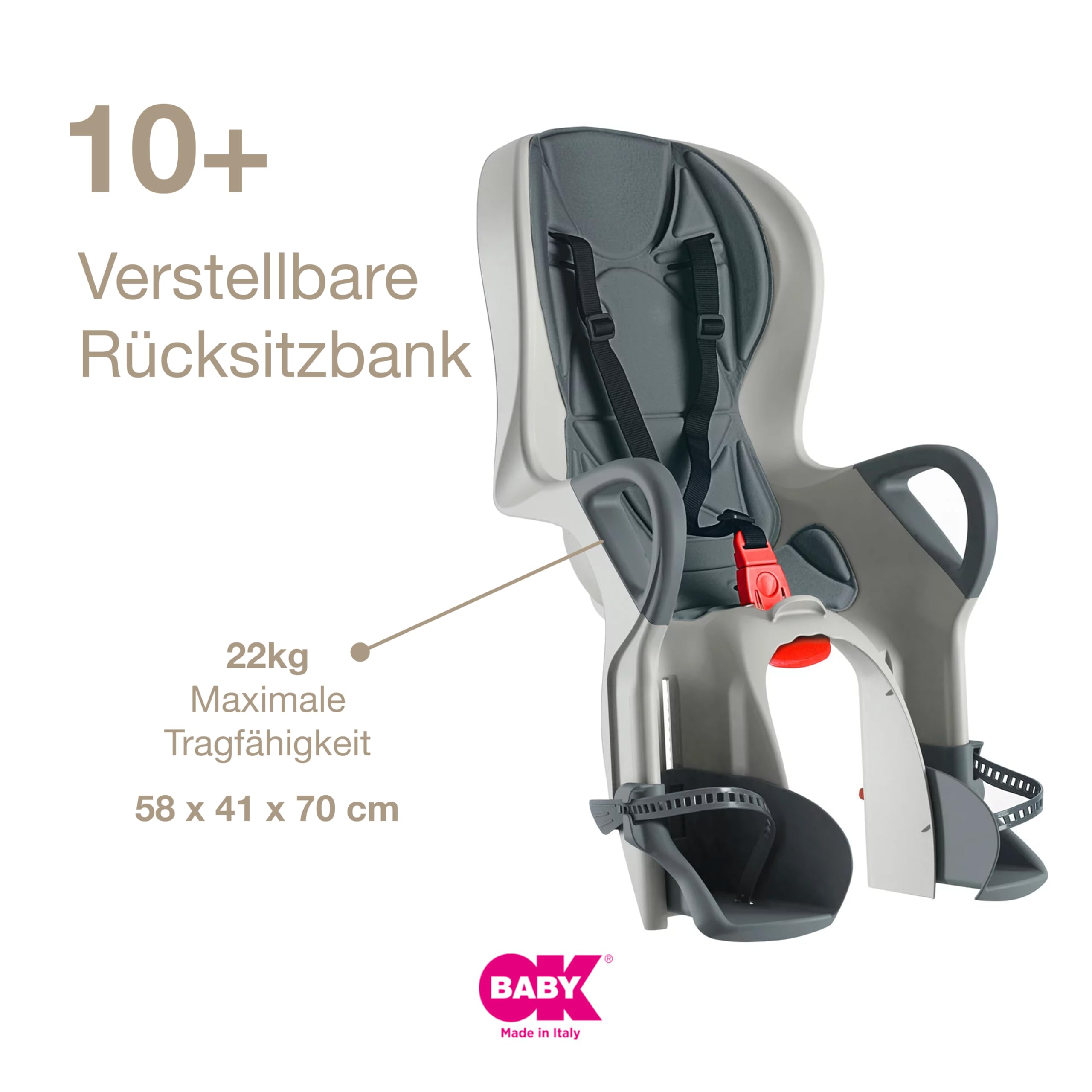 OKBABY 10+ - Fahrradsitz hinten für Kinder bis 22 kg mit Liegefunktion - Schwarz und Grau