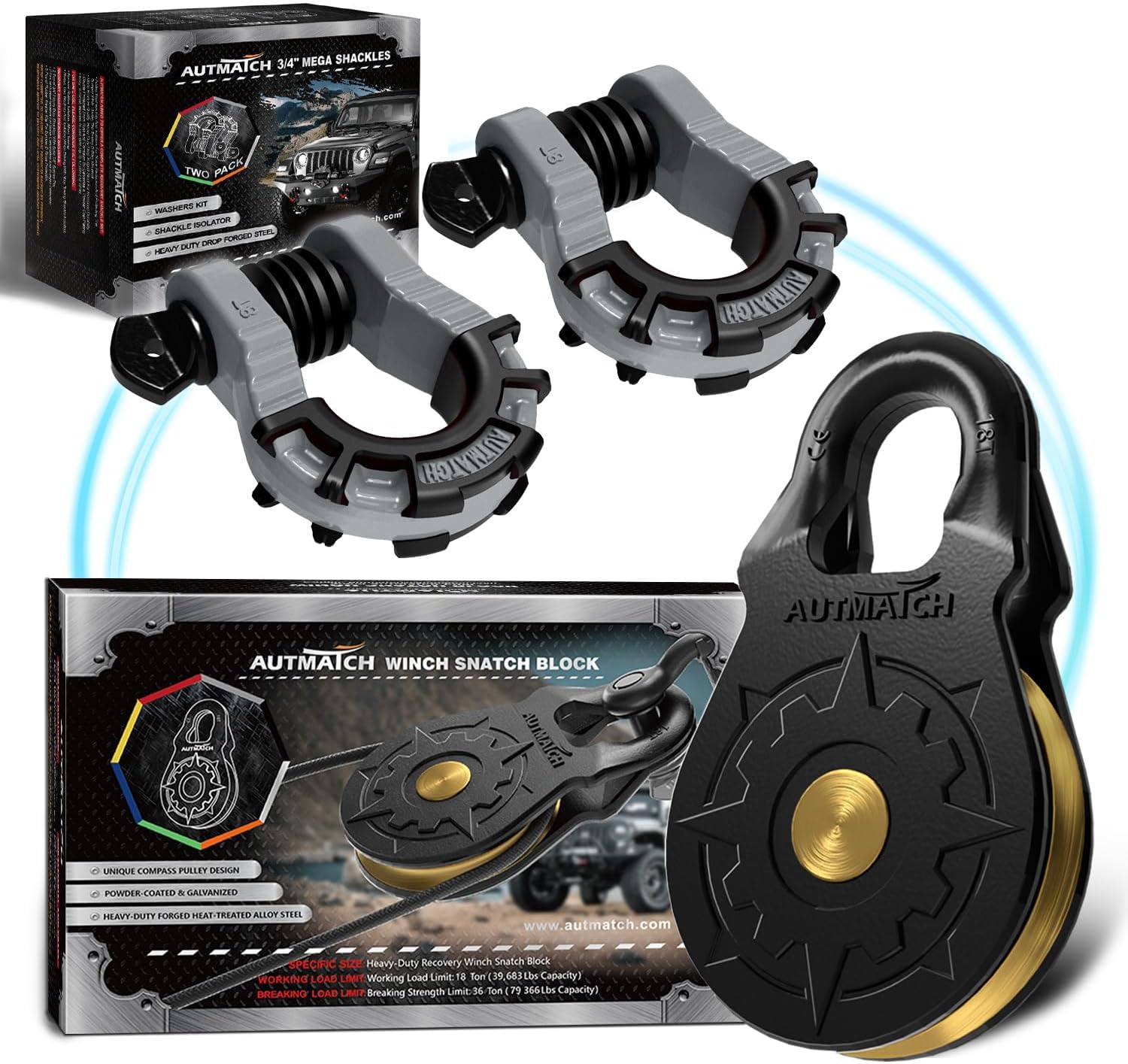 AUTMATCH Mega Shackles 3/4" with Winch Snatch Block Pulley 18 Ton, Max 79,366Lbs Break Strength, Heavy Duty Off Road Recovery Towing Pulley Blocks Winch Rope, ATV, UTV, Truck, Gray