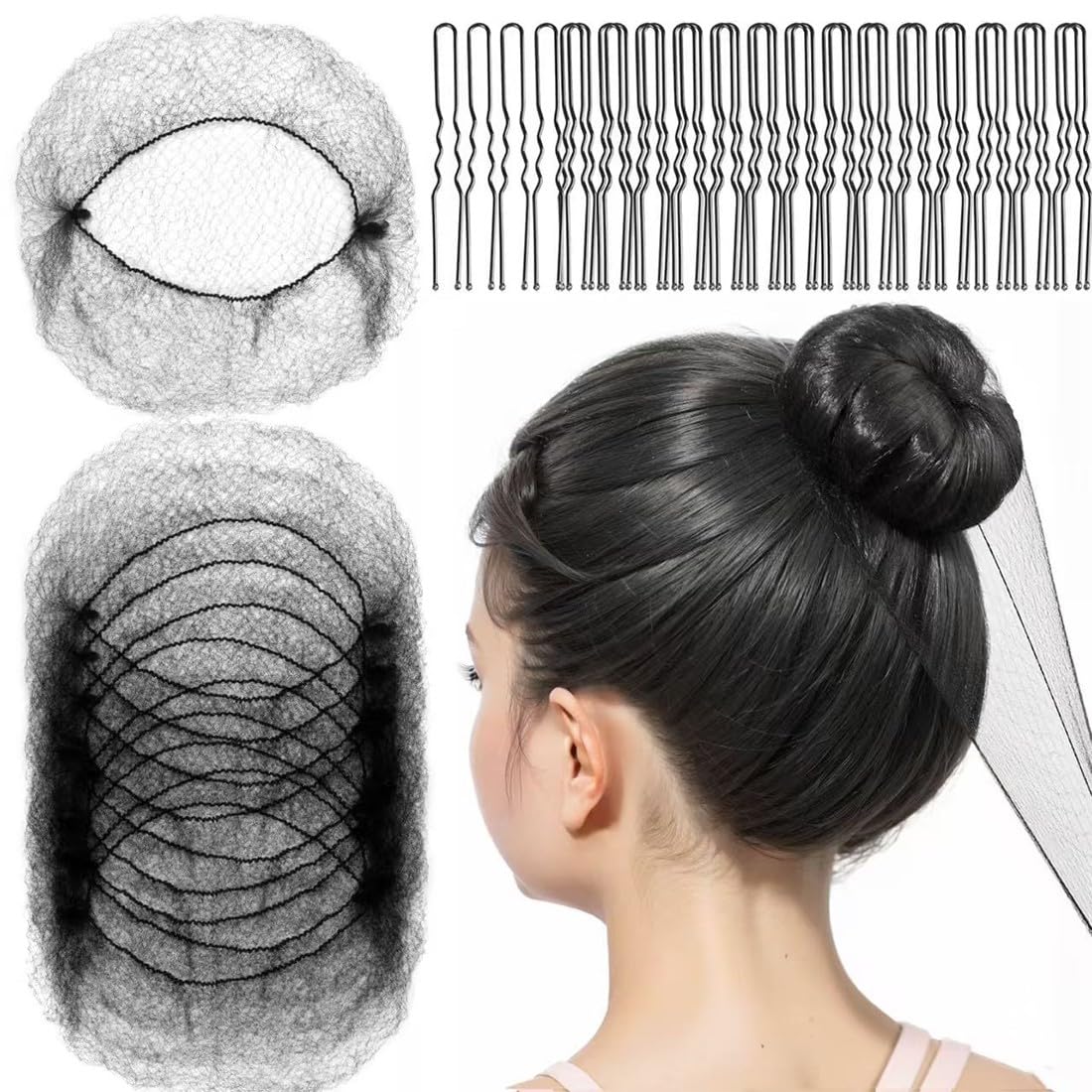 Retine per Capelli Chignon,40 Pezzi Retina per Capelli,con 50 Forcine a Forma di U per Donne,Rete Invisibile per Chignon,per Cameriera,Infermiera,Hostess,Ballerine,Chef