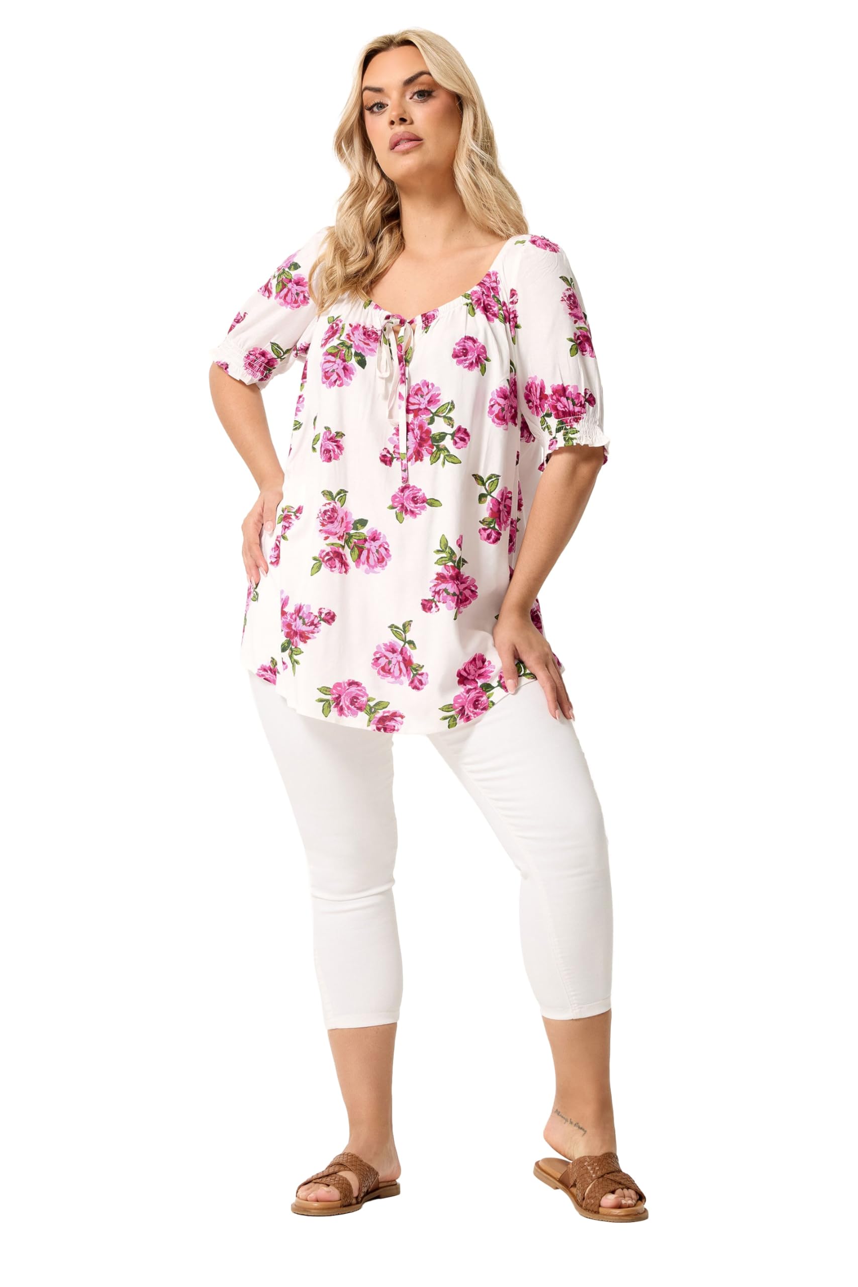 Yours Women's White Floral Print Puff Sleeve Top In | Size: 22/24