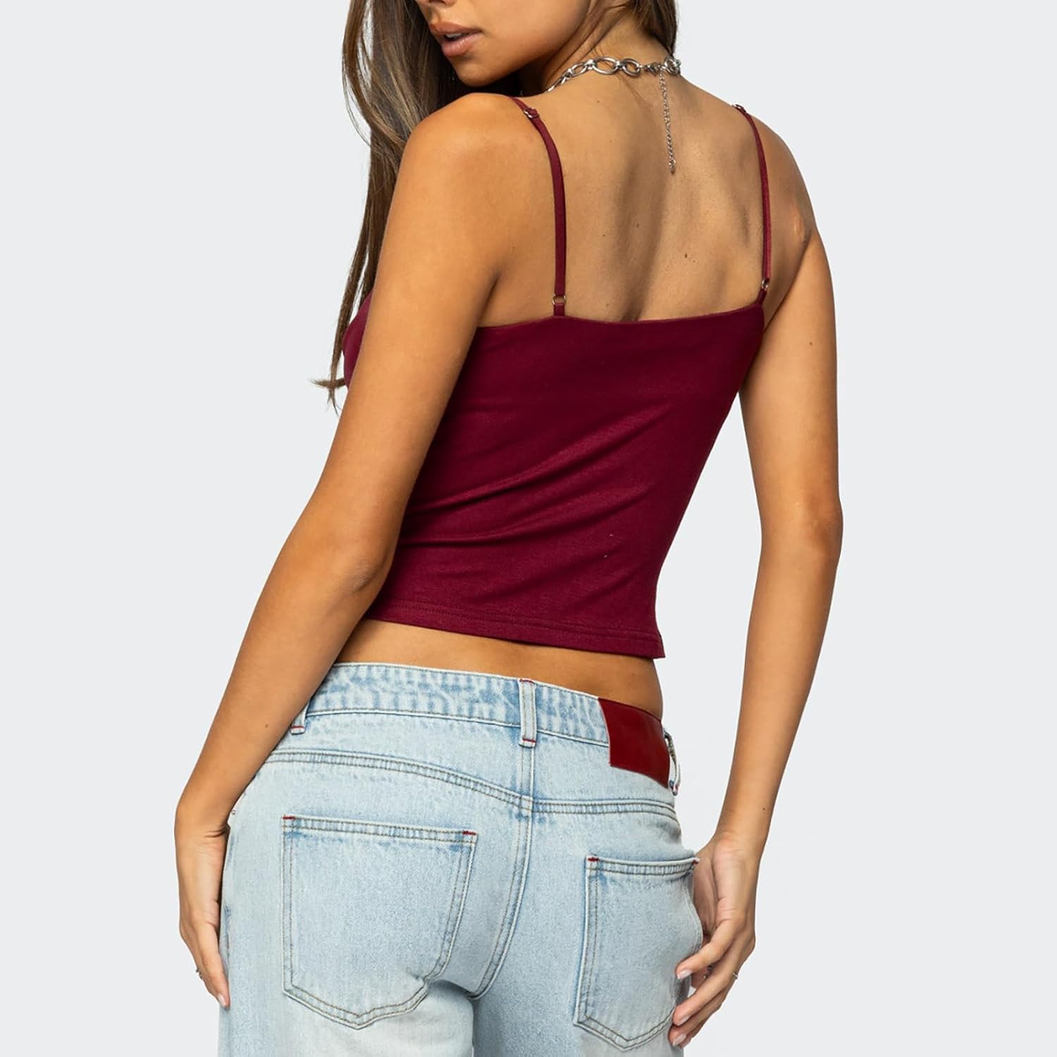 Women Cowl Neck Camisole Y2k Spaghetti Strap Layered Bra Cut Out Tank Top Beaded Solid Color Slim Fit Cami Top - Image 3