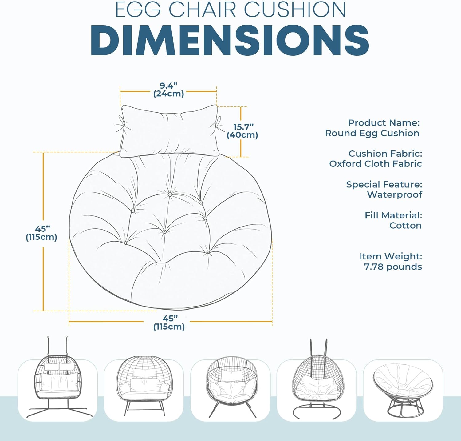 Outdoor Round Egg Chair Cushion Replacement, Waterproof 45" L x 45" W Thicken Hanging Swing Egg Chair Cushions with Headrest Pillow, Soft Wicker Basket Eggs Chairs Pad for Garden Offices, Blue
