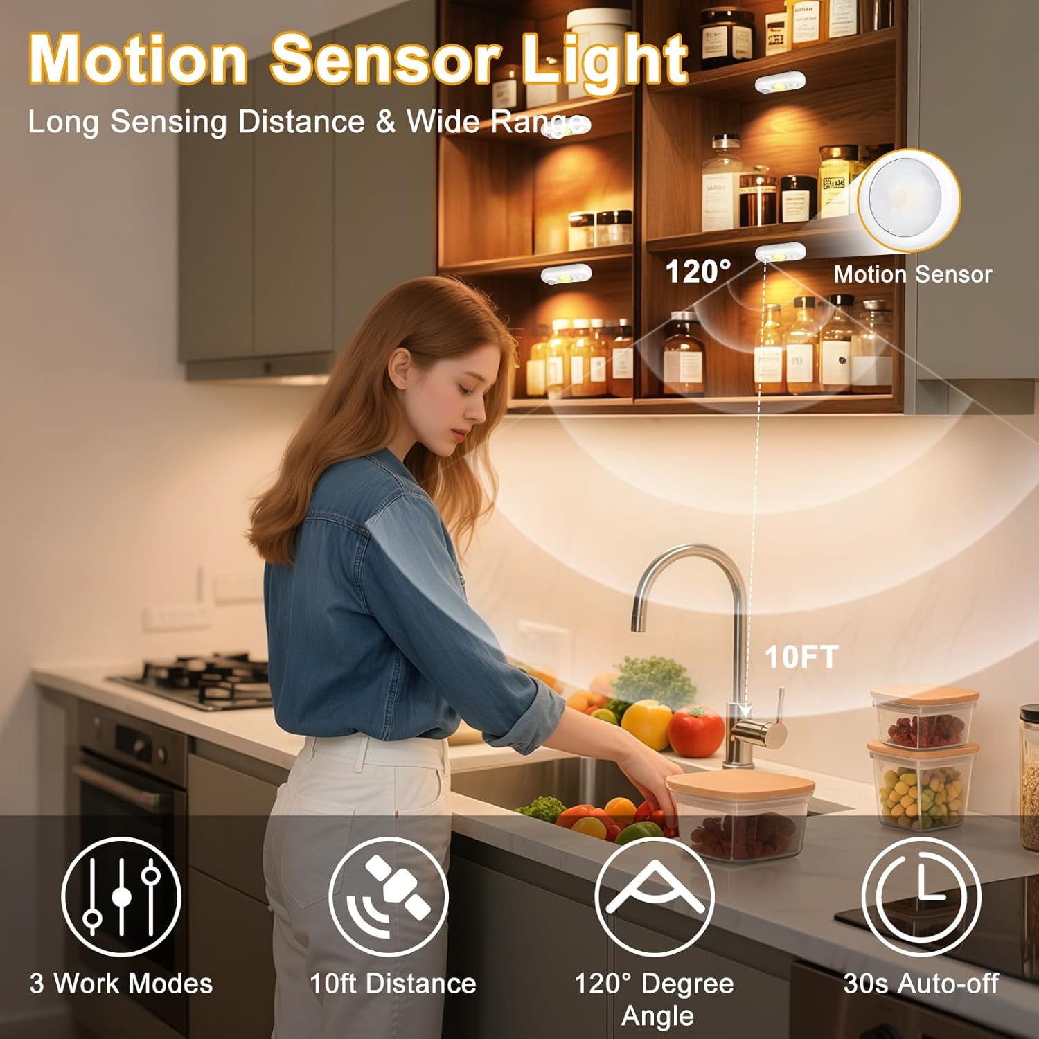 LED Motion Sensor Puck Lights, Magnetic Rechargeable Under Cabinet Lighting, Wireless Battery Operated Closet Light, Dimmable Under Counter Lights for Kitchen Stairs Hallway, Warm White, 4Pack, White