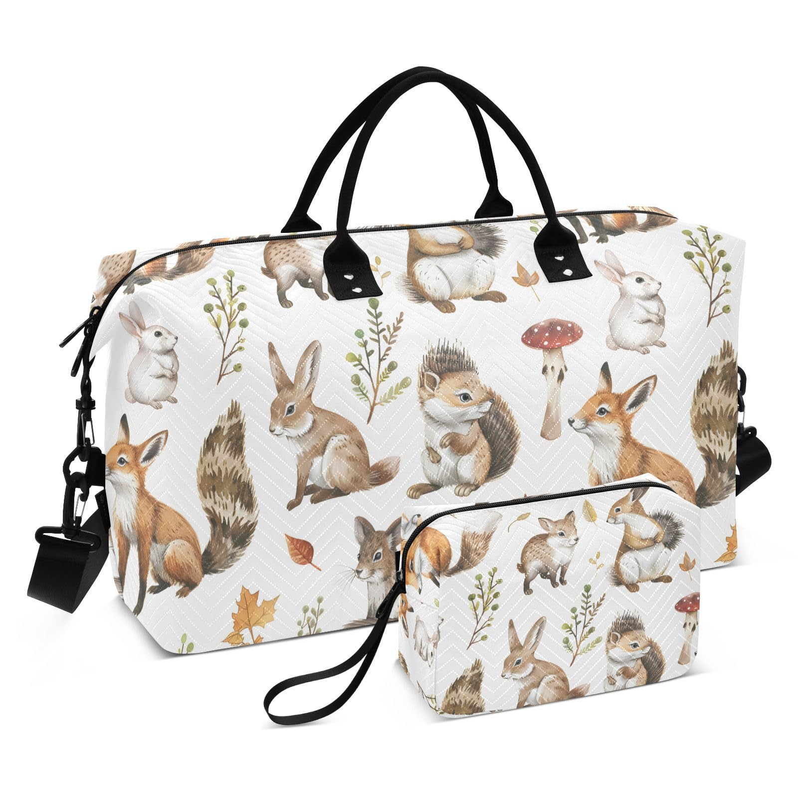 Travel Gym Bag, Cute Forest Animals Weekender Overnight Duffle for Women with Toiletry Bag Travel Swim