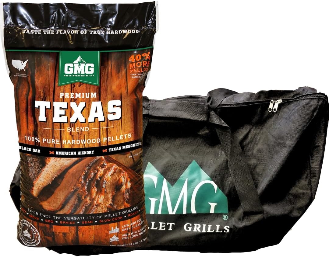 Green Mountain Grills Premium Texas BBQ Blend Pellets and GMG Black Tote Combo - Black Oak, American Hickory, Texas Mesquite
