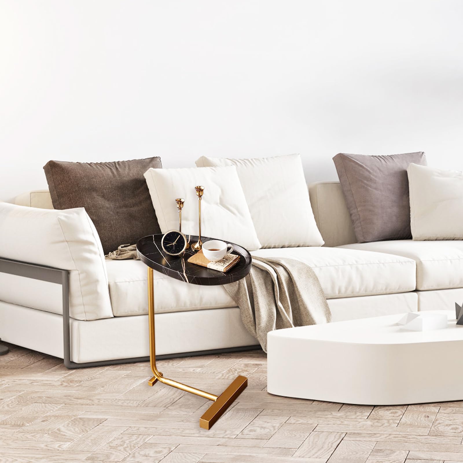 ZHANYUN C-Shaped Sofa Side Table End Table with Wood MDF Top & Metal Combination, Space-Saving Design for Living Room, Bedroom, Bathroom & Balcony, Easy Assembly & Waterproof Surface (Black)