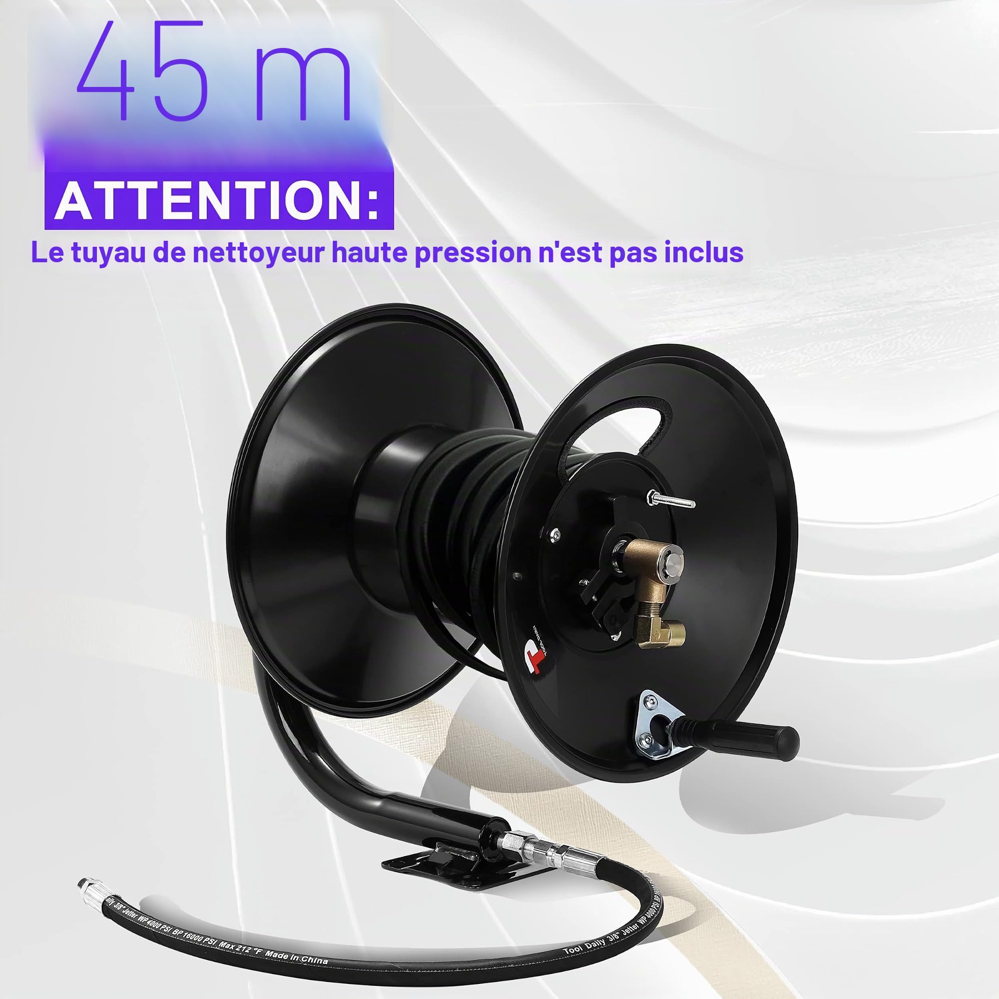 Tool Daily Enrouleur de Tuyau pour Nettoyeur Haute Pression, Enrouleur de Tuyau en Acier Renforcé de 45,7 m pour Nettoyeur Haute Pression, Manivelle Manuelle 3/8", 280 bar (4000 PSI)