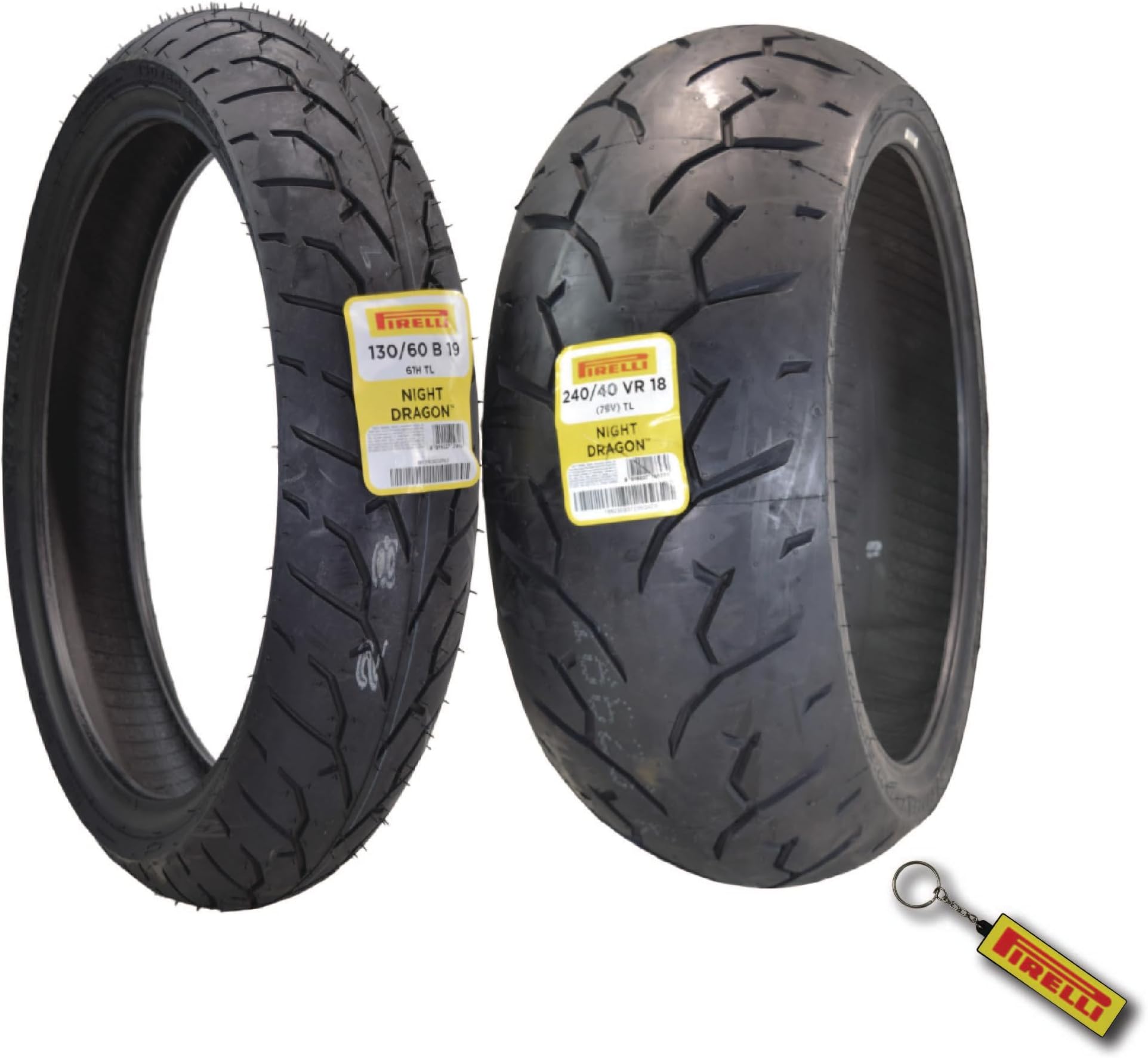 Night Dragon Tire Set: 130/60B19 M/C 61H TL Front & 240/40VR18 M/C 79V TL Rear Cruiser Motorcycle Tires - Superior Traction & Handling for High-Performance Cruisers with Keychain