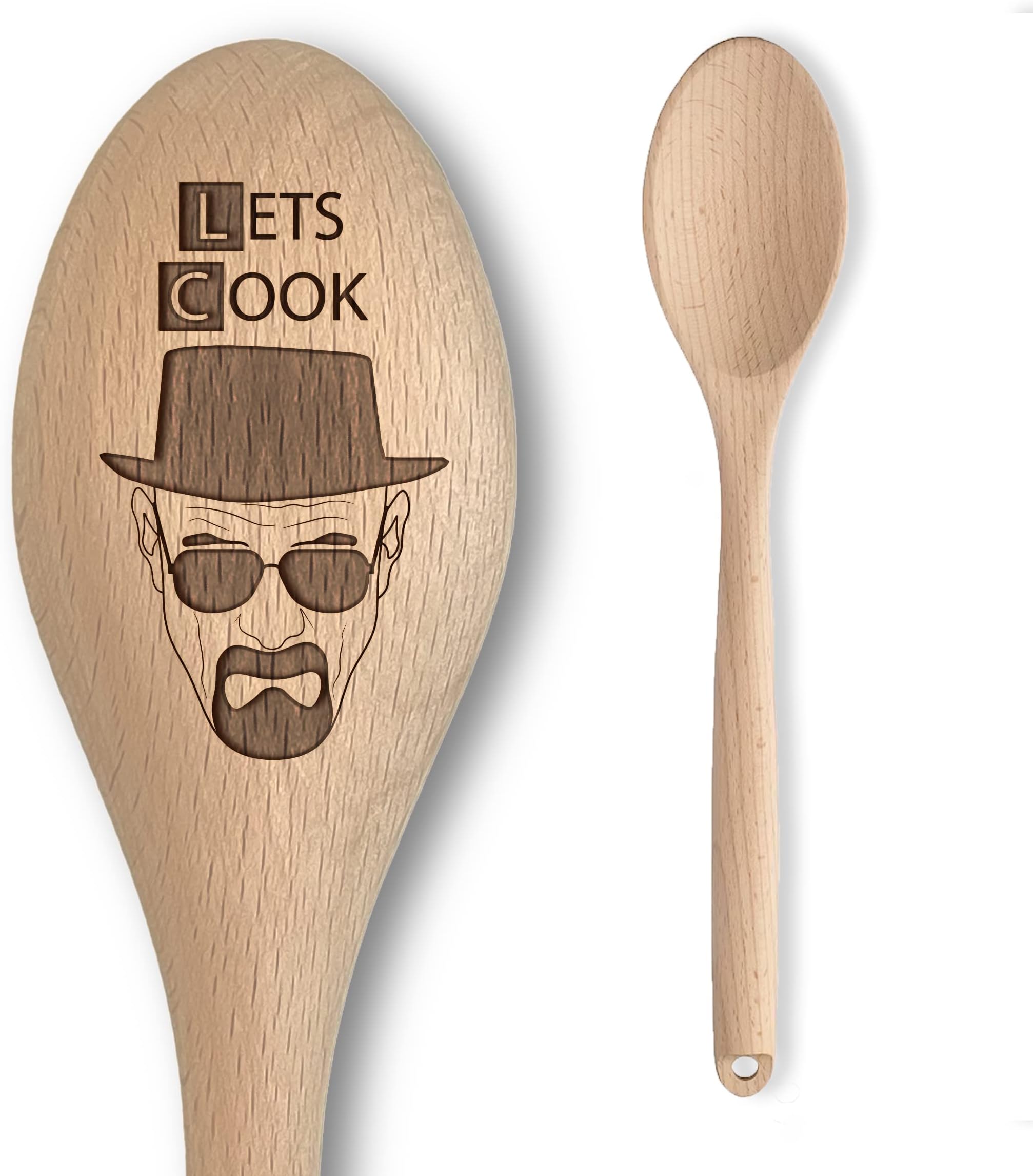 Lets Cook Design - Breaking Bad Inspired Wooden Spoon – “Lets Cook” + Heisenberg/Walter White Inscription - Cooking Baking Gift for Men & Women - Unofficial Fan Item