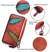 Vista 5 de IVTG Cartera de cuero genuino con cremallera alrededor de la pulsera bolso largo vintage en relieve de piel de vaca capacidad embrague hecho a mano