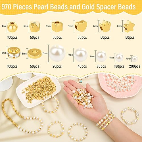 Miniatura 10 de Audab Kit de fabricación de pulseras, 1332 cuentas de perlas y cuentas espaciadoras doradas para hacer pulseras y hacer joyas para adultos