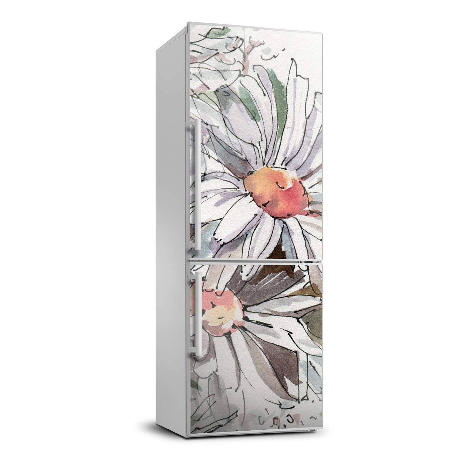 Autocollant frigo 60x180cm pour masquer les rayures du réfrigérateur motif marguerites