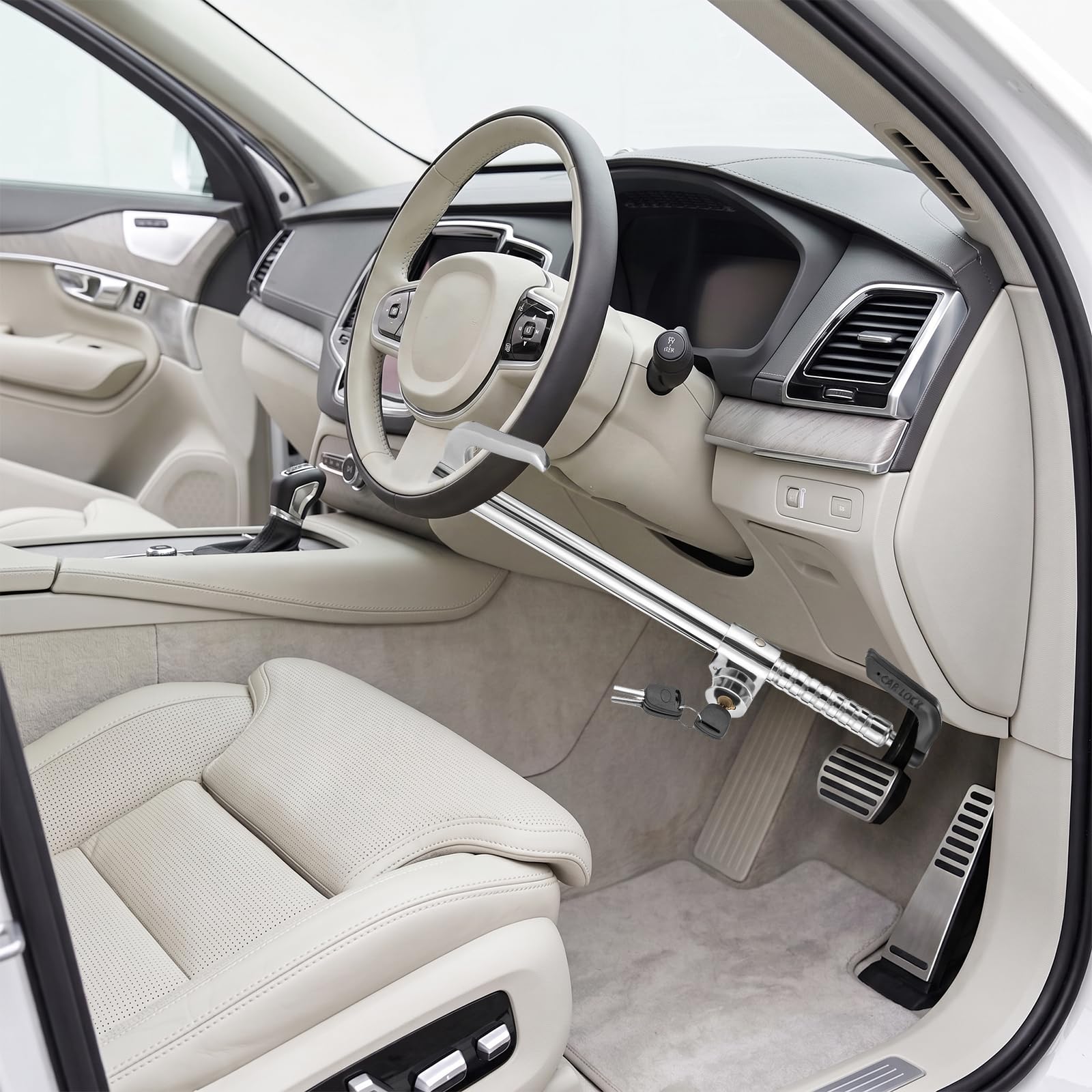 Canne Antivol Voiture,Barre Bloque Volant,Coque en ABS,Réglable 35-85cm | Conception en forme de crochet,Double cylindre de verrouillage,avec 3 Clés,Pour Voiture Familiale SUV Fourgon Camping Car,Arg