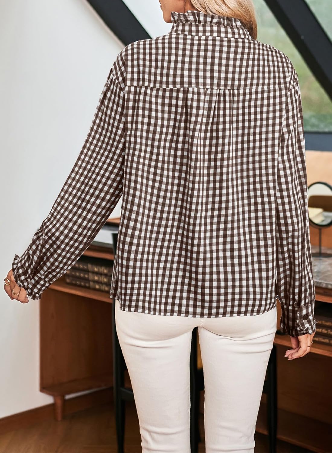 Astylish Womens Plaid Ruffle V Neck Button Down Blouse Casual Long Sleeve Gingham Trendy Tops Work Checkered Shirt - Image 3