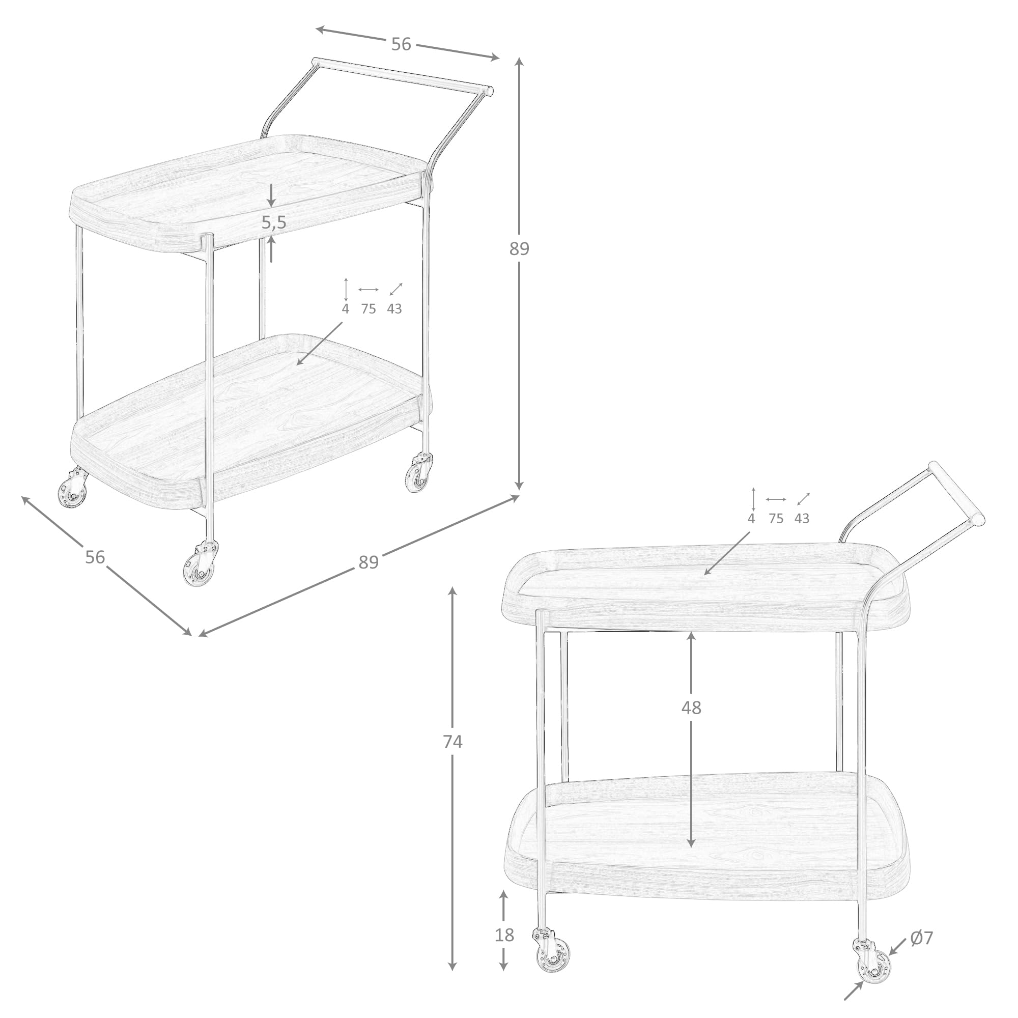 AC ANGEL CERDÁ Carrito Minibar Modelo 3290, Madera de Nogal y Acero Negro, 2 Bandejas, 89 x 56 x 89 cm