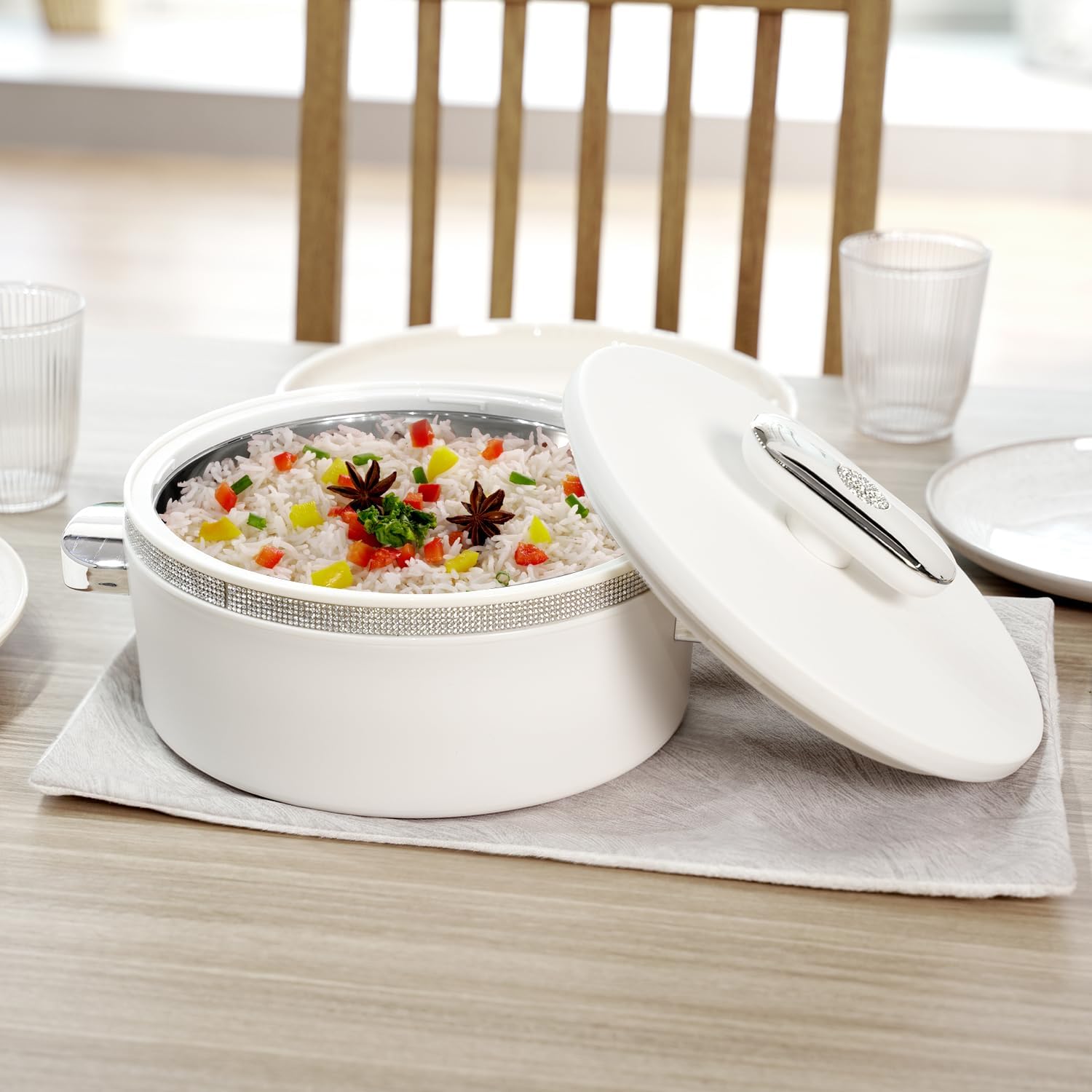 Sapphire Insulated Inner Steel Casserole | 2000 ML | BPA Free | Food Grade | Use for Keeping Roti | Serving Dal, Chawal, Gravy | Hot Pot for Kitchen | Chapati Box | White