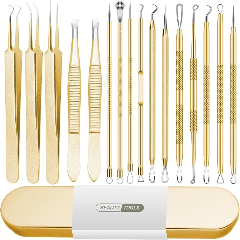 Kit Qimouwp com 16 ferramentas para cuidados faciais e remoção de pelos, aço inoxidável, estojo dourado