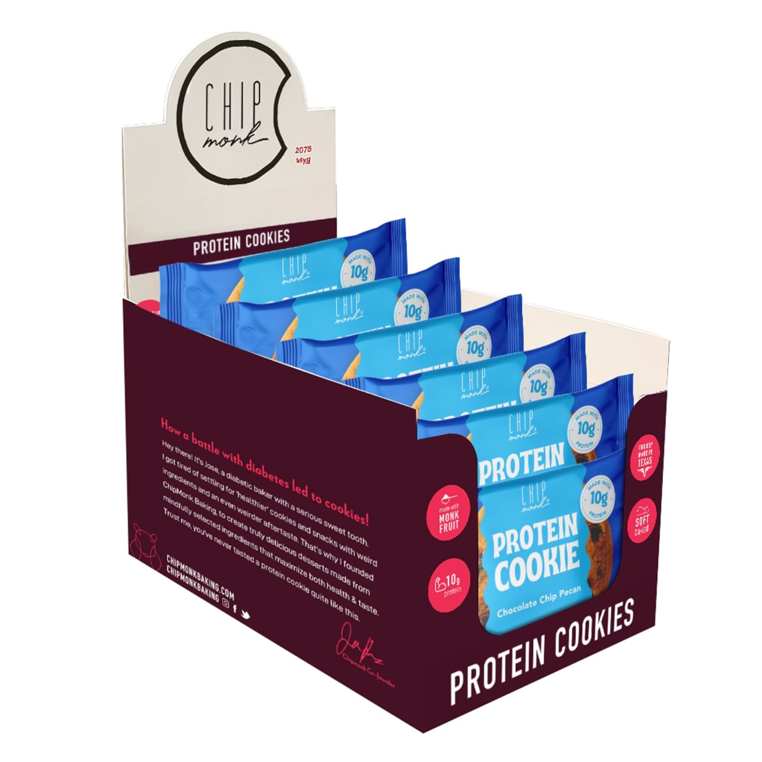 ChipMonk Baking, Chocolate Chip Pecan High Protein Cookies - Low Carb Diet Friendly Gym Snacks, Meal Replacement Cookie, Gluten-Free, Healthy Low Sugar Sweet Snack - Balanced Nutrition Baked Desserts