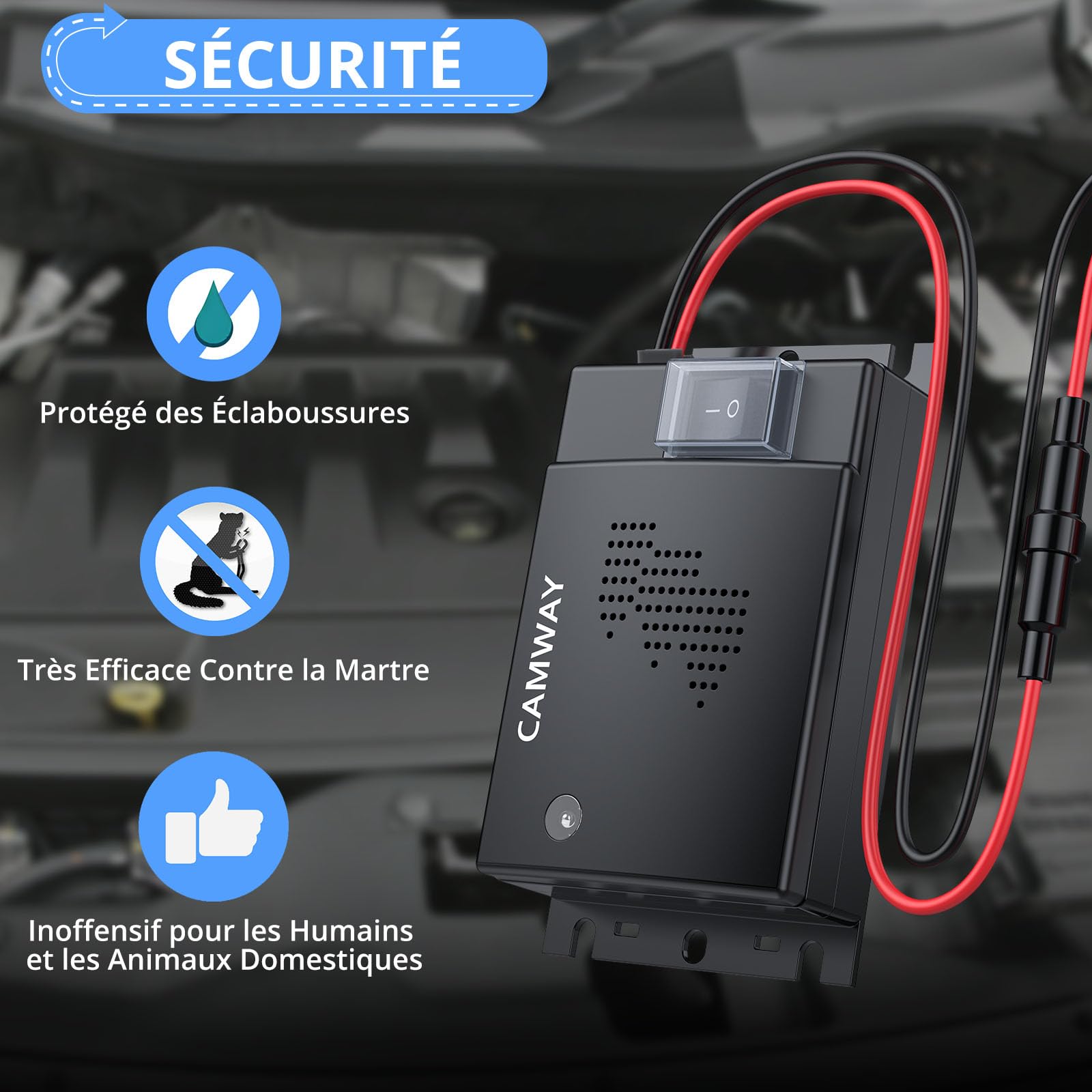 CAMWAY Répulsif Ultrason Souris pour Voiture DC 12V Répulsif Ultrason Rongeur Connexion à La Batterie de Voiture avec Voyants de Travail Nouvelle Version Ligne d'Extension 50cm Nouveau (2)