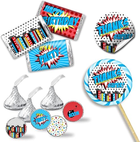Kit de calcomanías para fiesta de cumpleaños de Super Hero Boy 429 piezas. Incluye 60 calcomanías circulares de 2 pulgadas para bolsas de golosinas,
