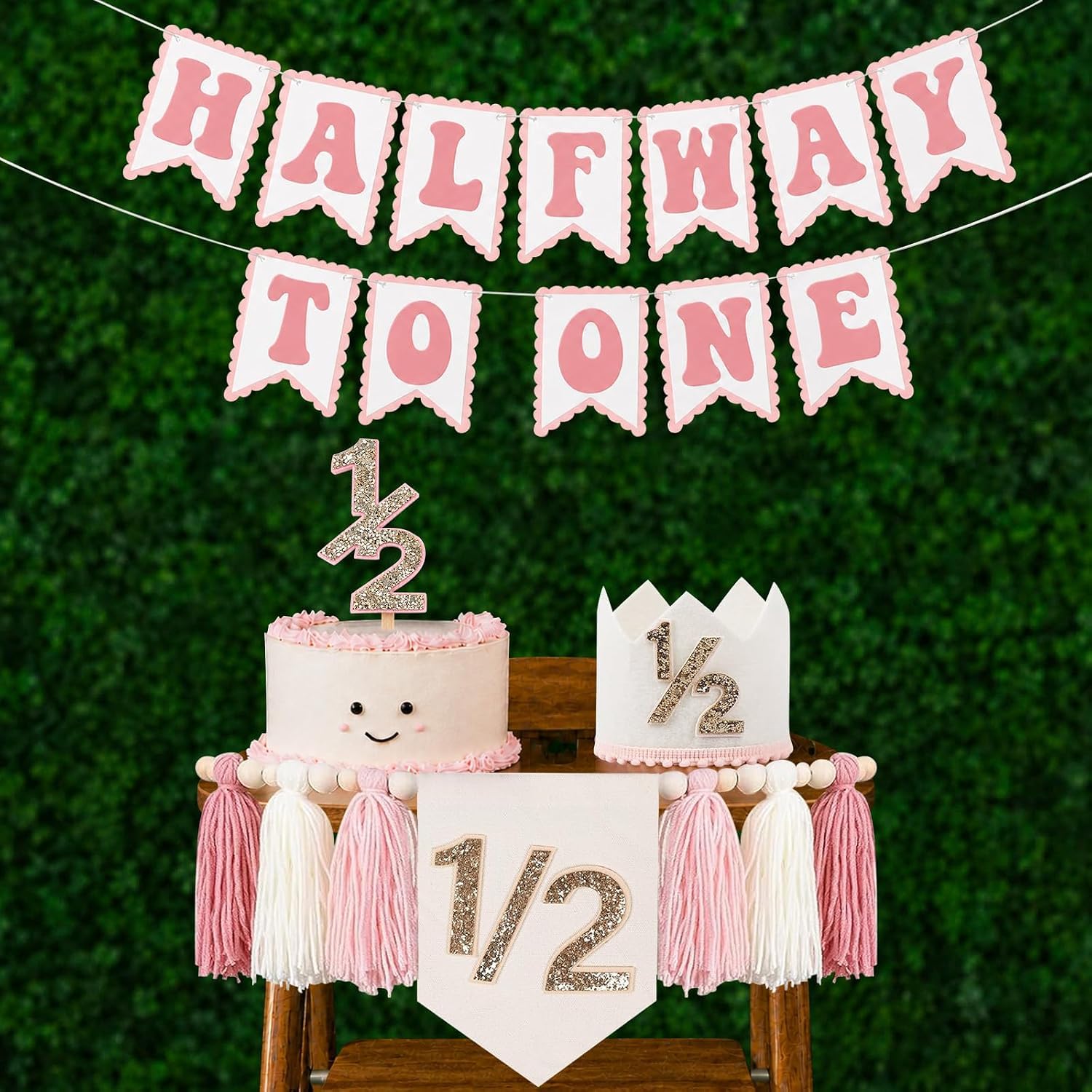 1st Birthday Highchair Banner Decorations For First Boys Khaki Cone Hat With One Cake Topper Photo Backdrop (Half Pink)