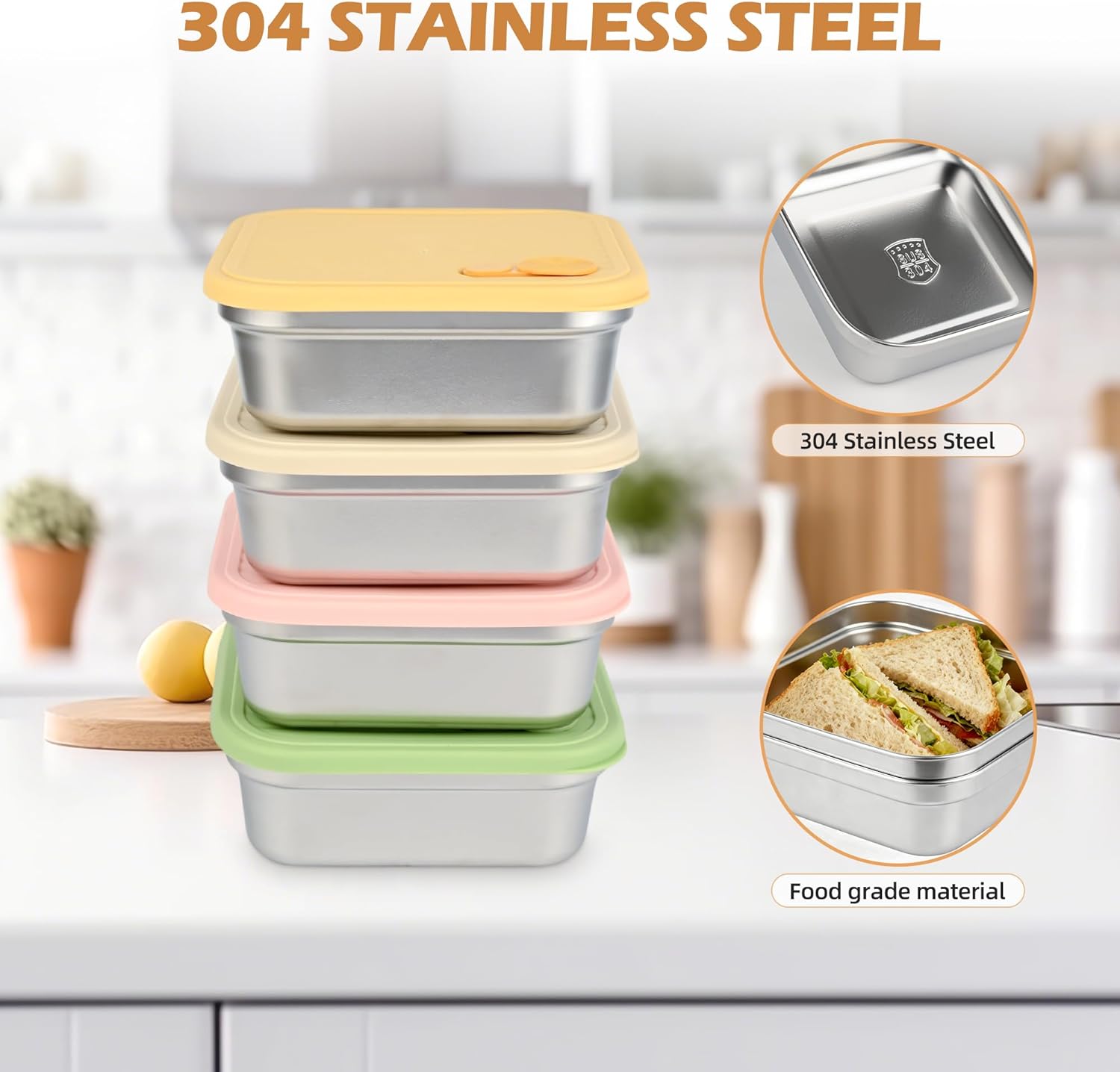 8 Pack Sandwich Containers with Lids, 20oz Stainless Steel Reusable Leak-Proof Snack & Lunch Boxes, BPA-Free Metal Food Storage for Meal Prep, Freezer & Dishwasher Safe