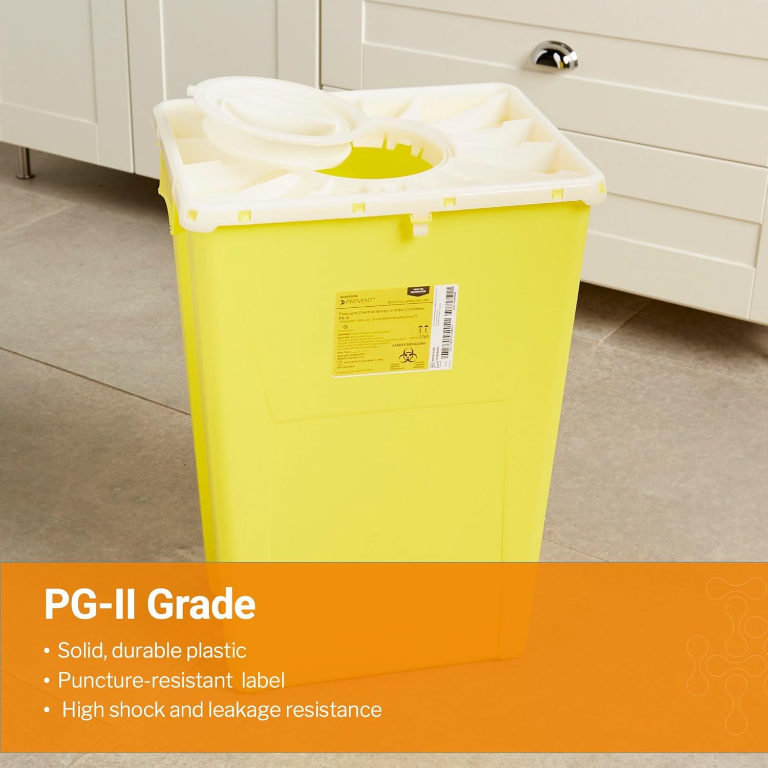 McKesson Prevent Sharps Container for Chemotherapy Waste, Premium - PG-II, Plastic, Vertical Entry, Hinged Lid - Yellow, 18 gal, 13 in x 17 3/10 in x 24 3/5 in, 1 Count