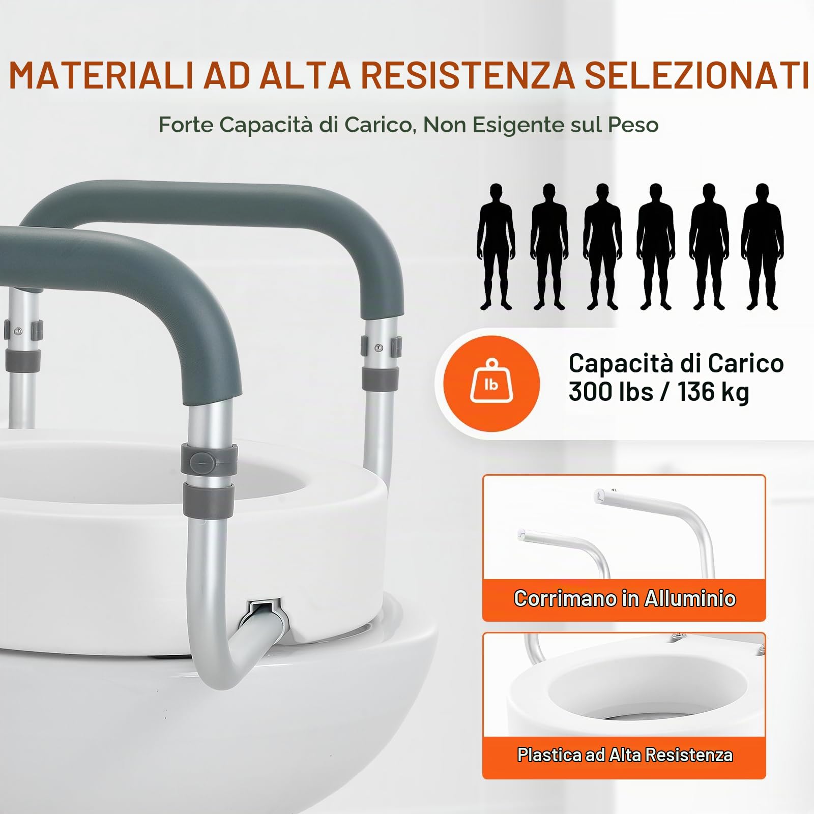 VEVOR Alzata WC Rotonda Standard Altezza 88,9 mm, Sedile WC Rialzato Portata 136 kg, Corrimano in Alluminio, Imbottitura EVA, Rialzo per WC Maniglia Alzata per Ausilio da Bagno
