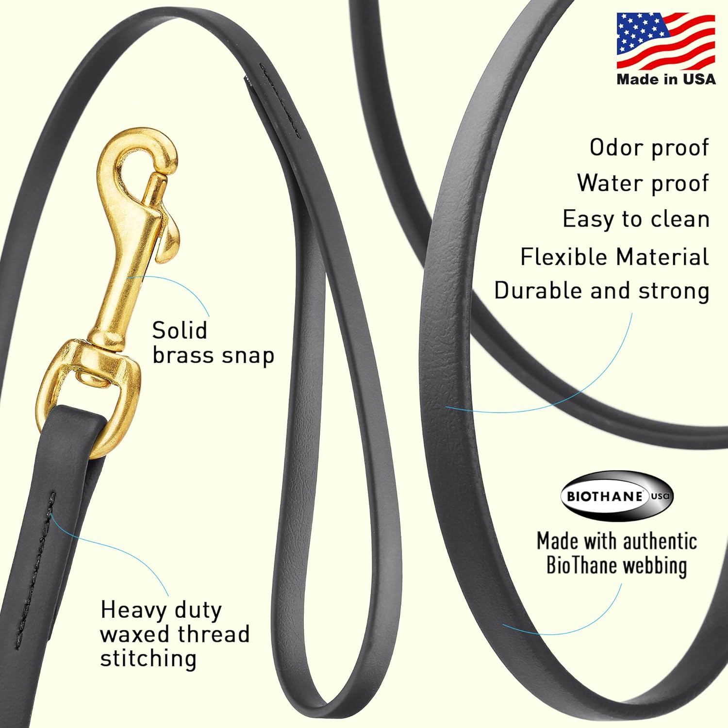 Viper Biothane K9 Working Dog Leash Waterproof Lead for Tracking Training Schutzhund Odor-Proof Long Line with Solid Brass Snap for Puppy Medium and Large Dogs, 10ft Black