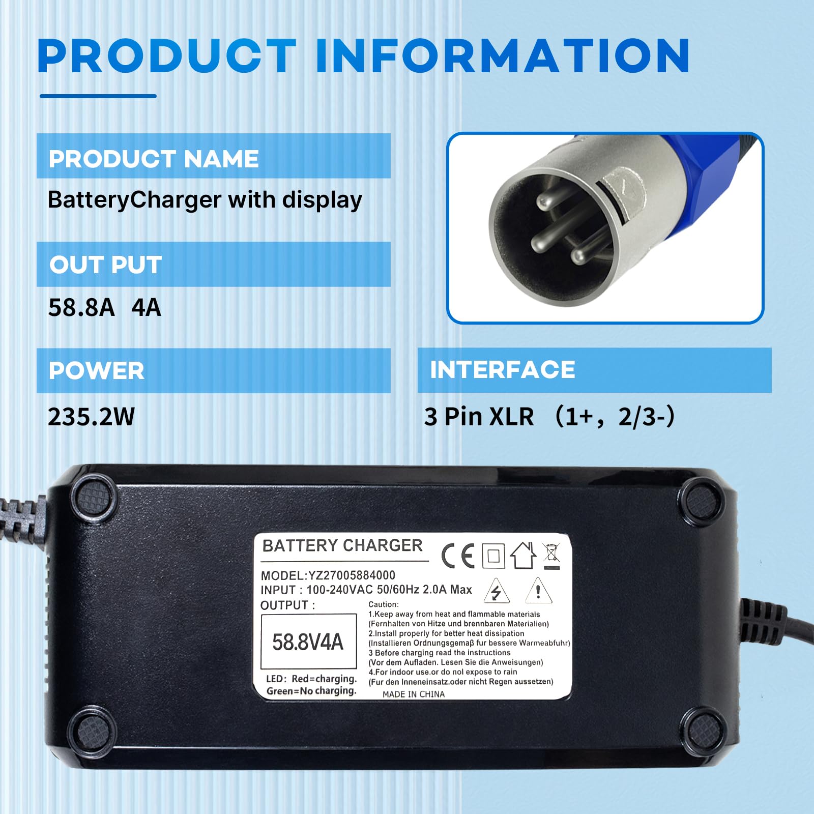 YZPOWER 52V Lithium Battery Charger 58.8V 4A Power Charger Adapter Smart Rapid Charger with Display for 14S 51.8V 52V Li-ion Battery Pack (4A(3 PIN XL) R)