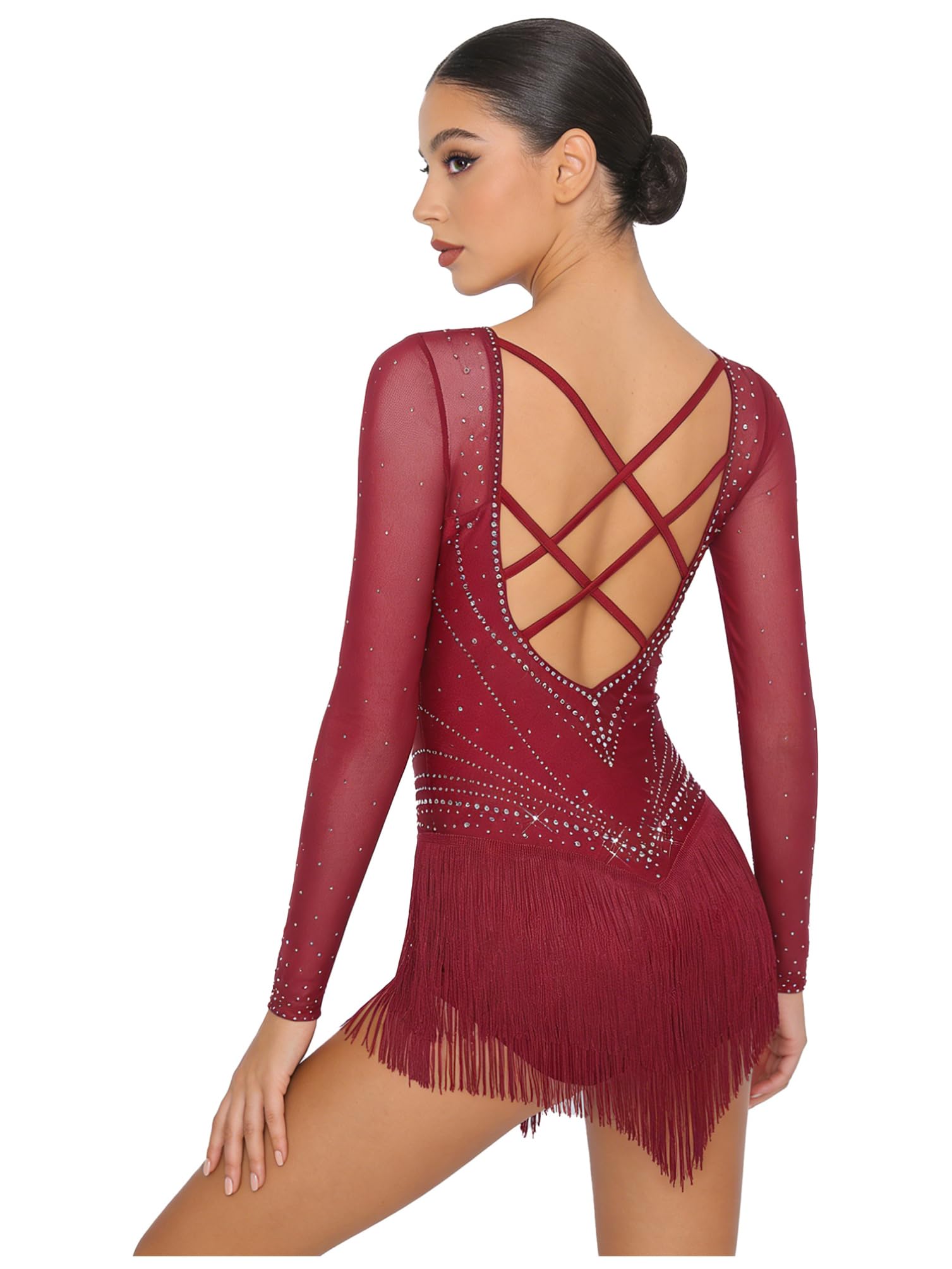 inhzoy Donna Abito da Ballo Latino Americano Tango con Frange Nappe Vestito da Pattinaggio Artistico Maniche Lunghe Body Danza Classica Ginnastica Ritmica Dancewear
