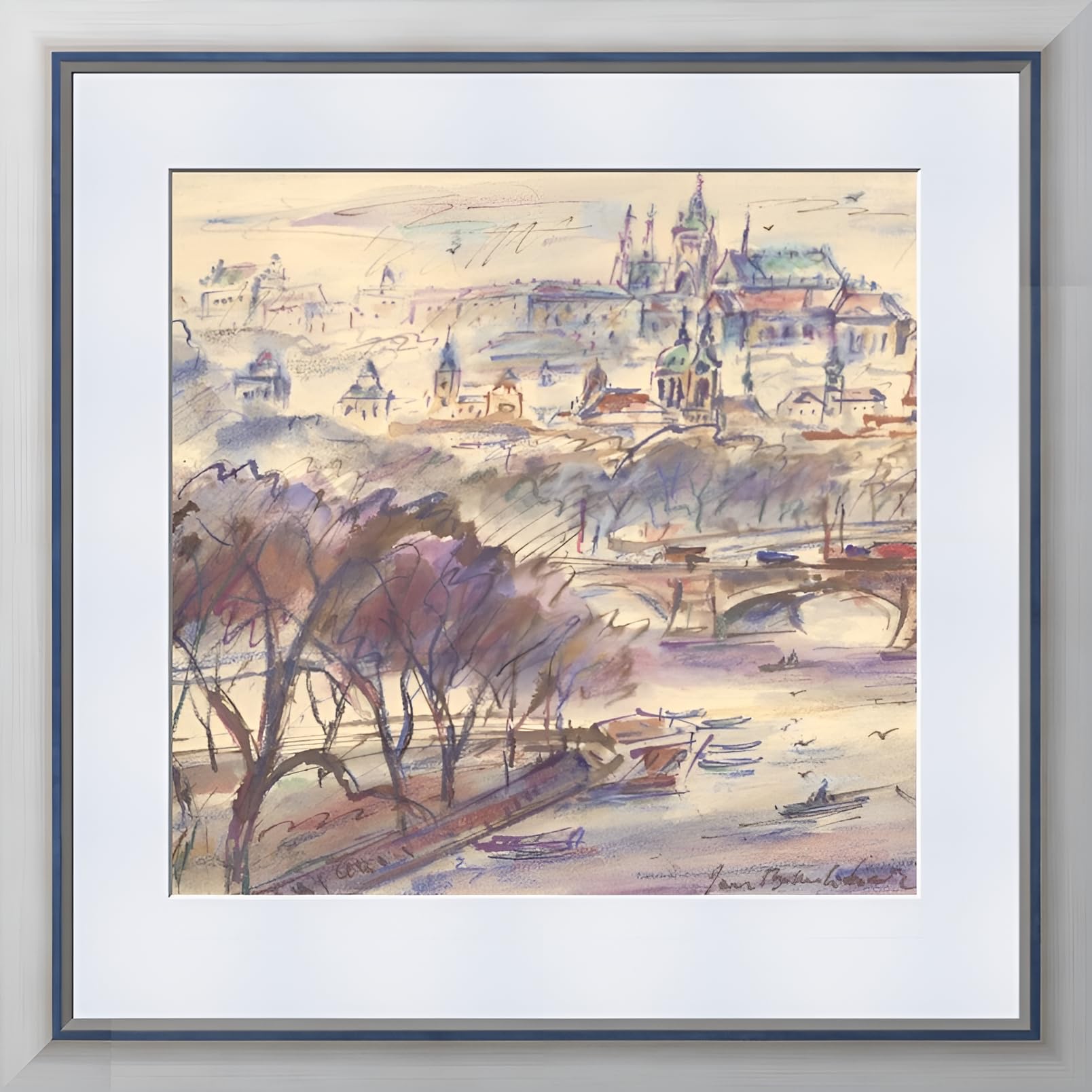 Jan B. Melichar PRAGA AQUARELL plakat | Wyspa Strzelecka i Hradczin | ręcznie robione farby akwarelowe Pragi, wyjątkowy obraz, oryginalne dzieło