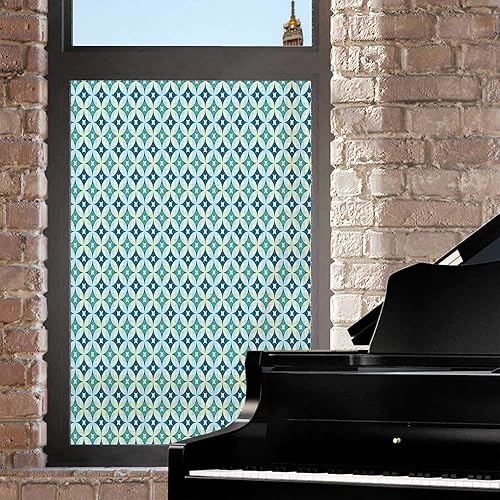 Miniatura 3 de Película de privacidad para ventana de mediados de siglo, patrón de diamantes vintage con fondo de rombos geométricos celosía de círculos de vidrio