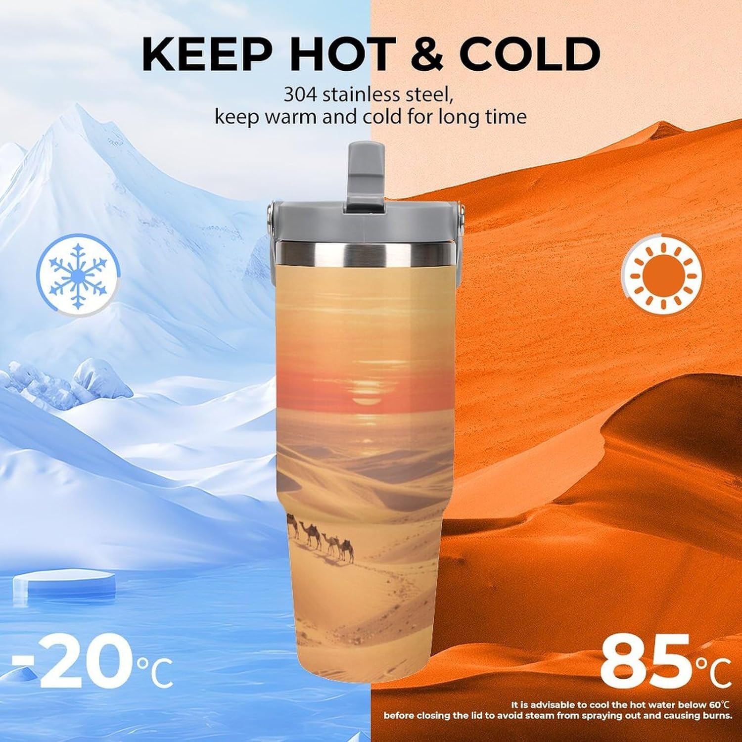 30 Oz Insulated Mug with Handle Lid And Straw Sahara Desert Sunrise Pattern Large Metal Sports Bottle Great for Gifts Parties Office Coffee
