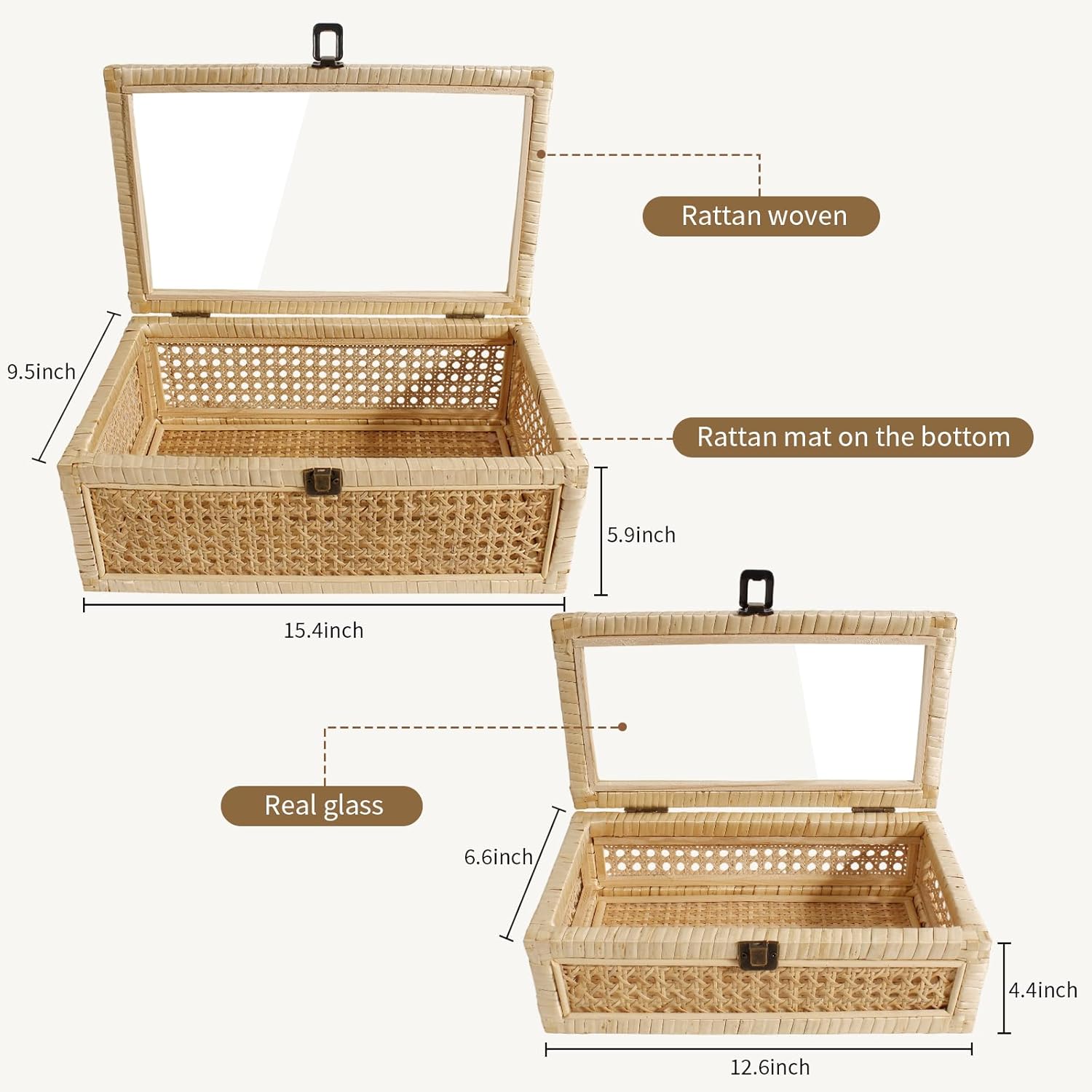 Rattan Decorative Boxes with Glass Lids,Set of 2 Woven Boxes with Lids for Home Decor,Stacking Boxes of Shelf Decor