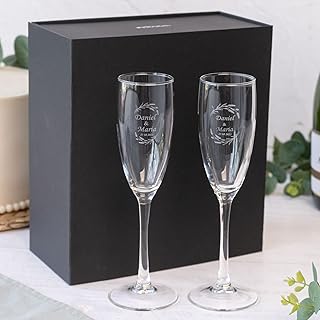 Wanapix | Pack de 2 Copas de Cava Personalizada | Estuche de Regalo Incluido | Copa de Champagne Cristal Grabada a Láser | Boda/Aniversario/San Valentín | 20cl. | Nombres y Fecha
