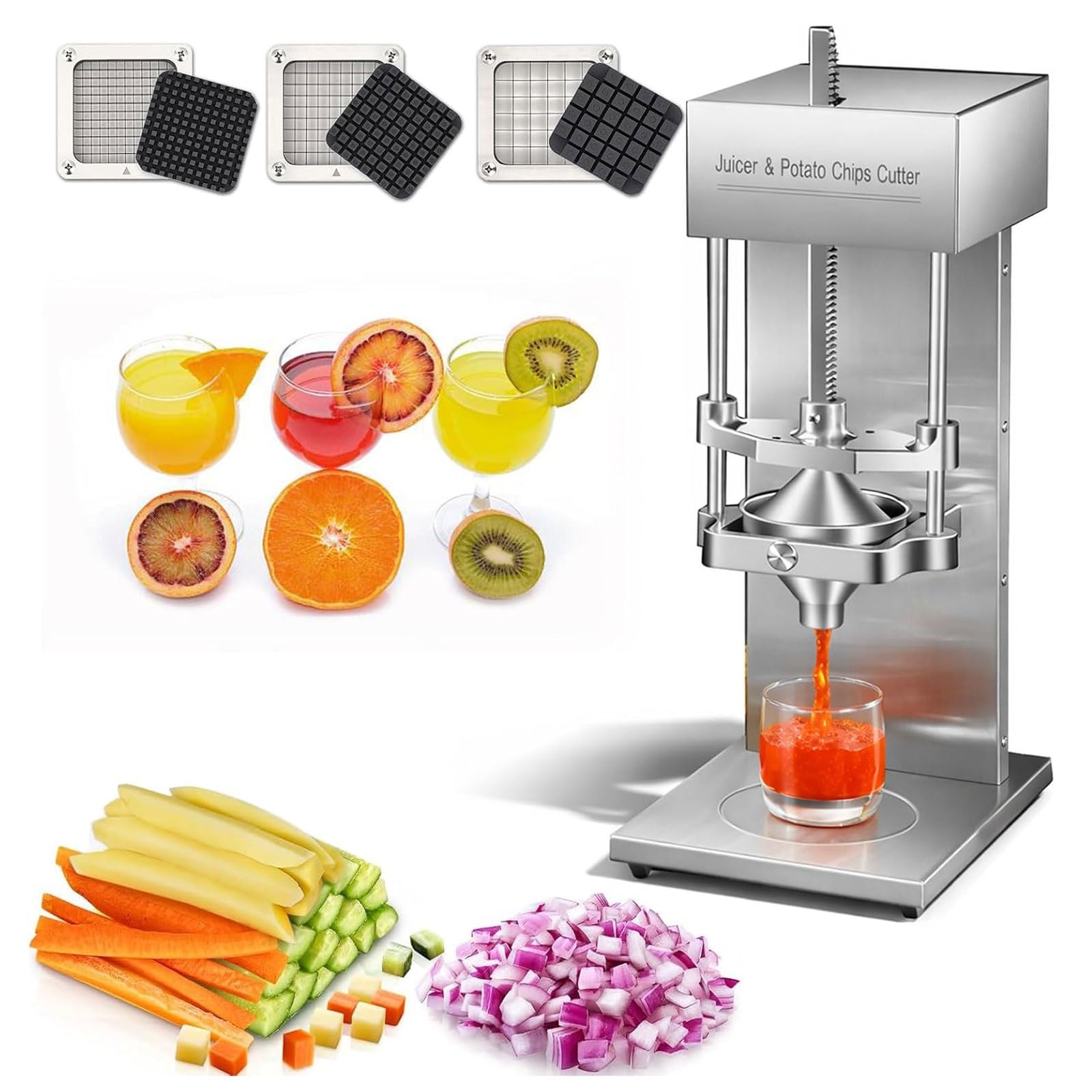 SICWEDIM Commercial French Fry Cutter & Juicer with 3-Blades,Electric Heavy Duty Automatic Potato Cutter & Orange Lemon Juicer,Citrus Juicer Press Extractor,for Potato, Carrot and Cucumber Strips