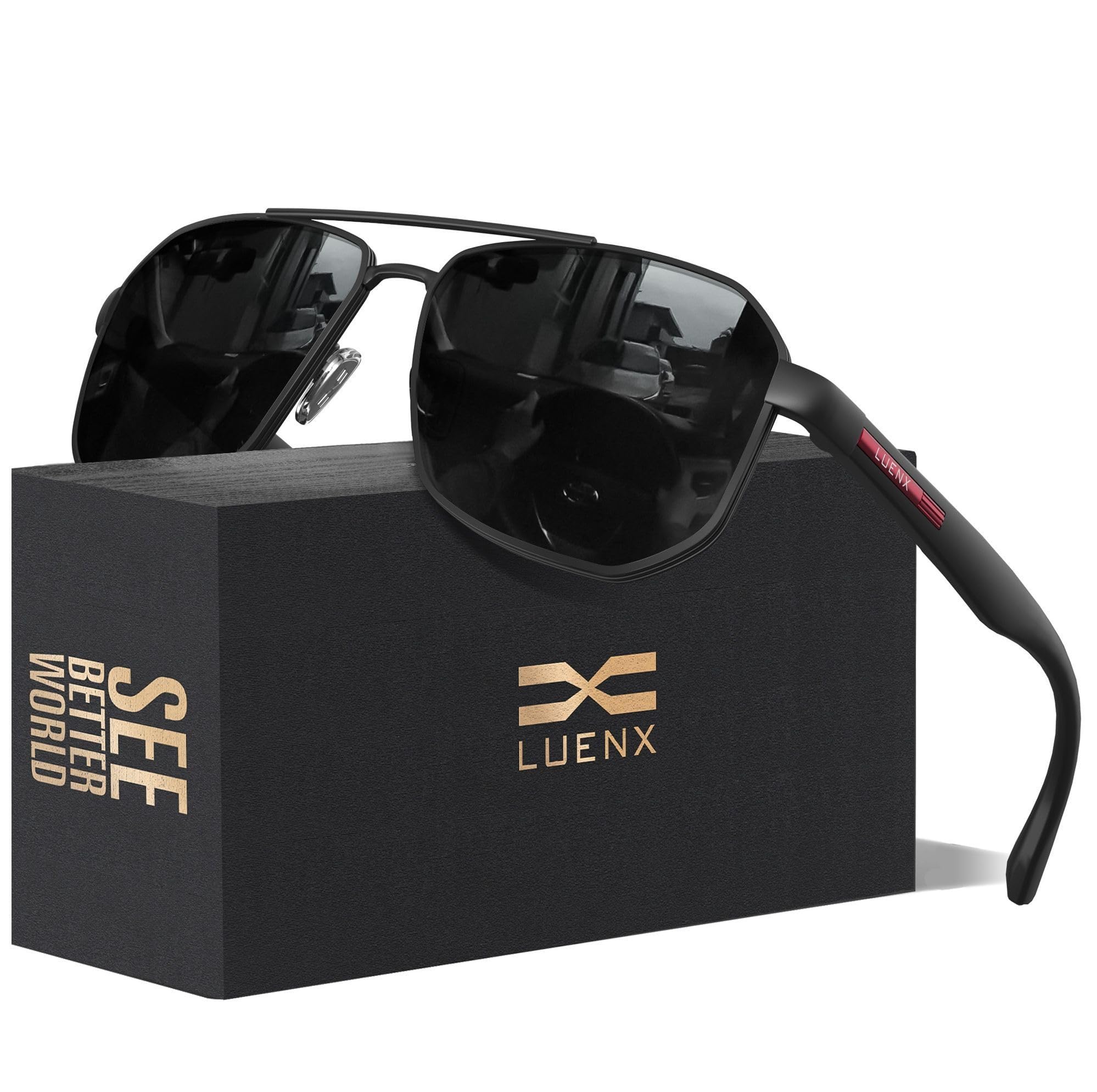 LUENX Aviator Sunglasses for Men Square Polarized Polygon Lens - UV 400 Protection