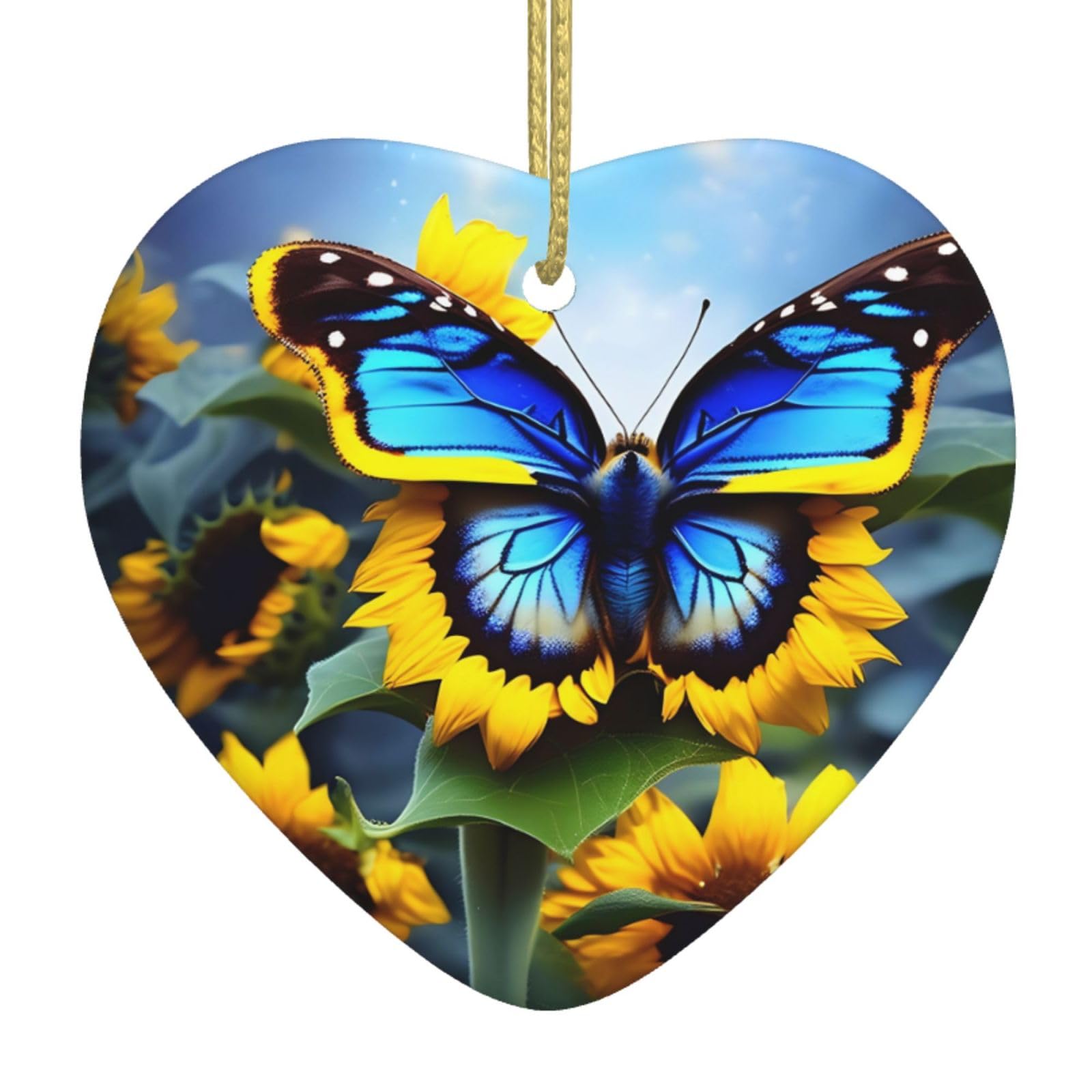 Sunflower Blue Butterfly Ceramic Christmas Heart Pendant with Silk Thread, Christmas Tree Home Decoration
