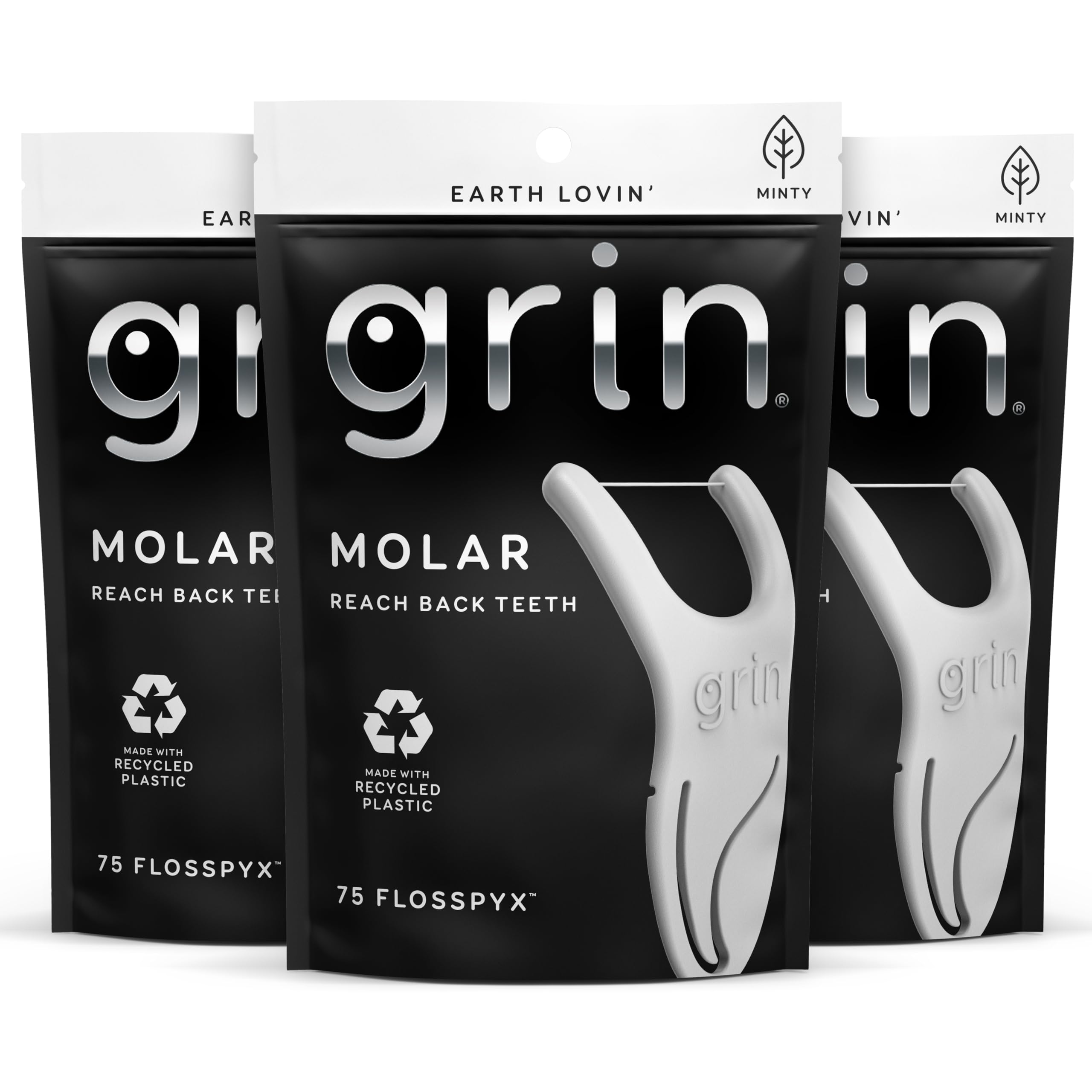 GRIN Molar Flosspyx, Floss Picks, 75 Count, Dental Flossers, Minty Flavor, Recycled Plastic, Great for Reaching Back Teeth, Slide Easily Between Teeth, Includes Safe Soft Fold-Back Tooth Pick
