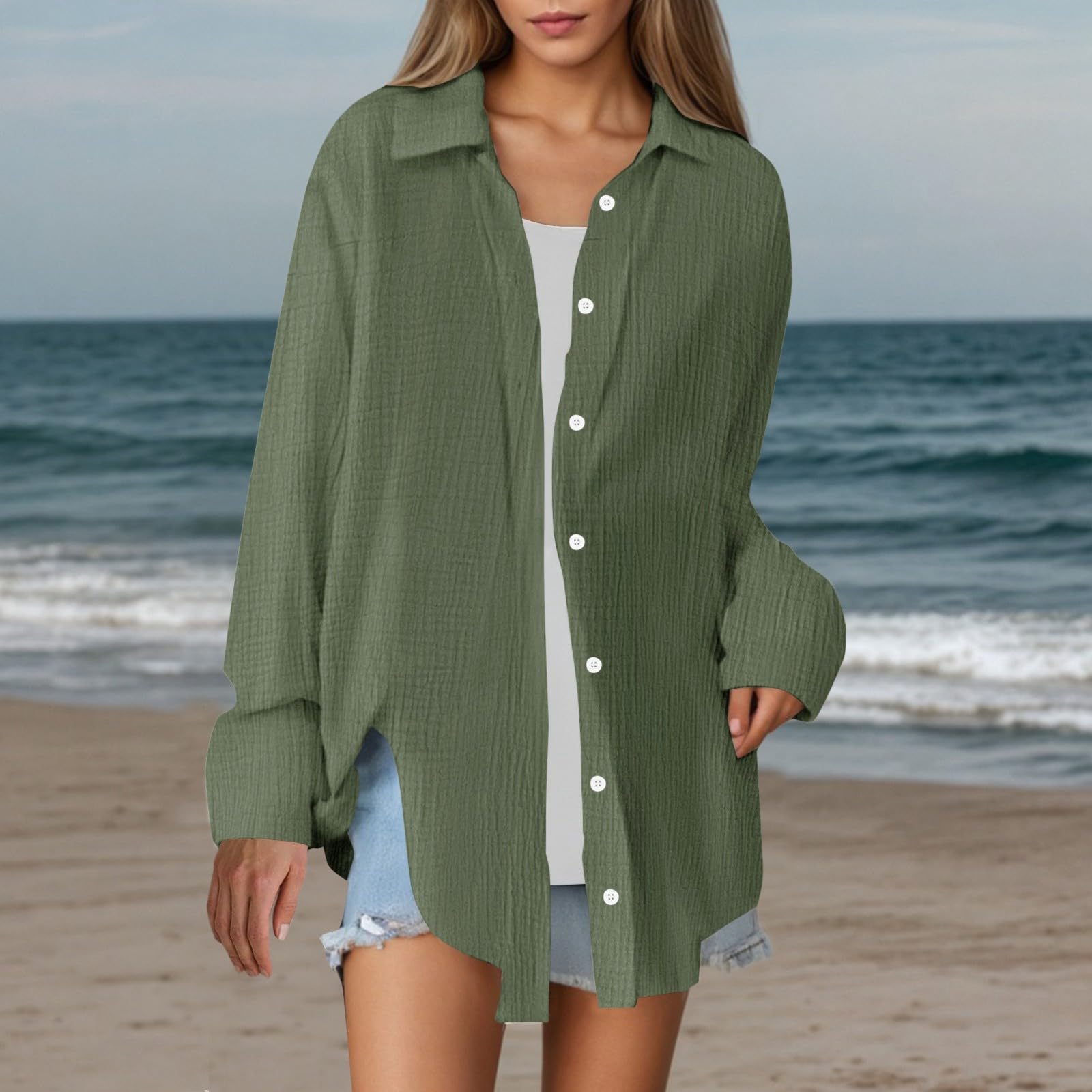 Chemise boutonnée à manches longues tendance en lin pour femme, coupe ample, légère, couleur unie, col en gaze, tunique décontractée pour le printemps, la plage, respirante, vert militaire, S
