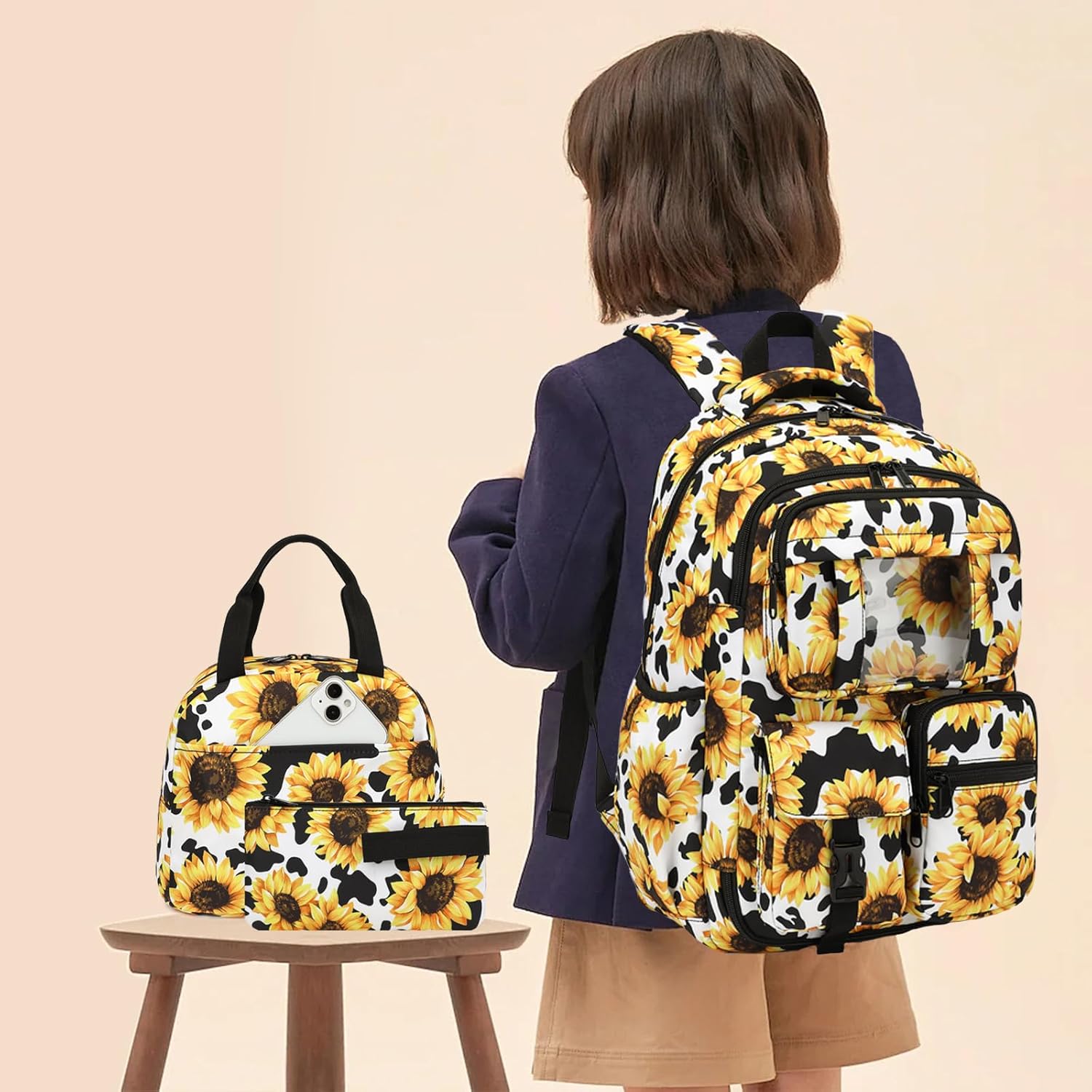 Sunflower Cow Print School Backpack for Girls, 3Pcs Kids Bookbag Set School Bags Back Pack with Lunch Box and Pencil Bag