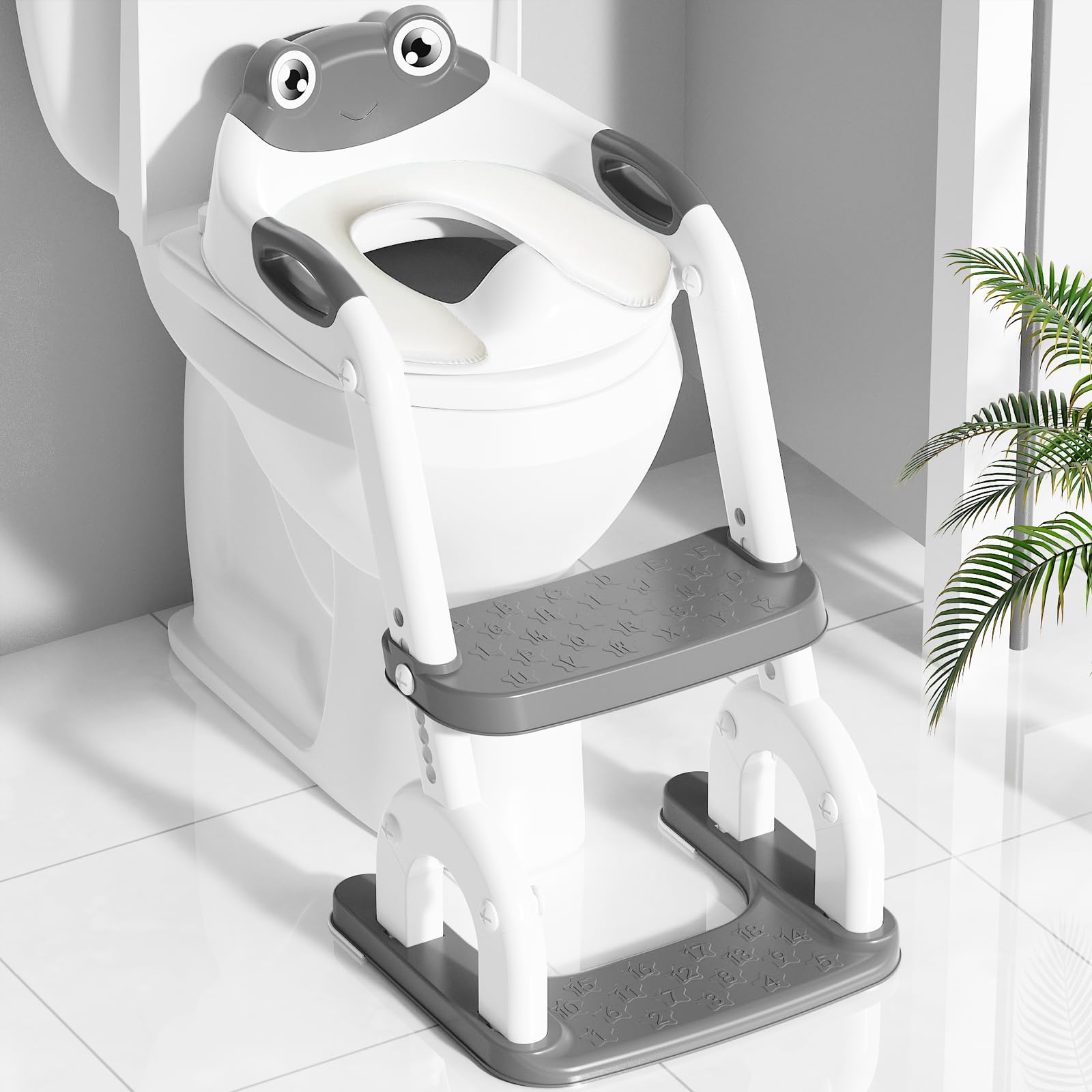 Sedile WC per bambini con scale, regolabile in altezza in 8 posizioni e pedana extra larga, antiscivolo, con vestibilità morbida e paraspruzzi – Sedile WC pieghevole per bambini, motivo rana