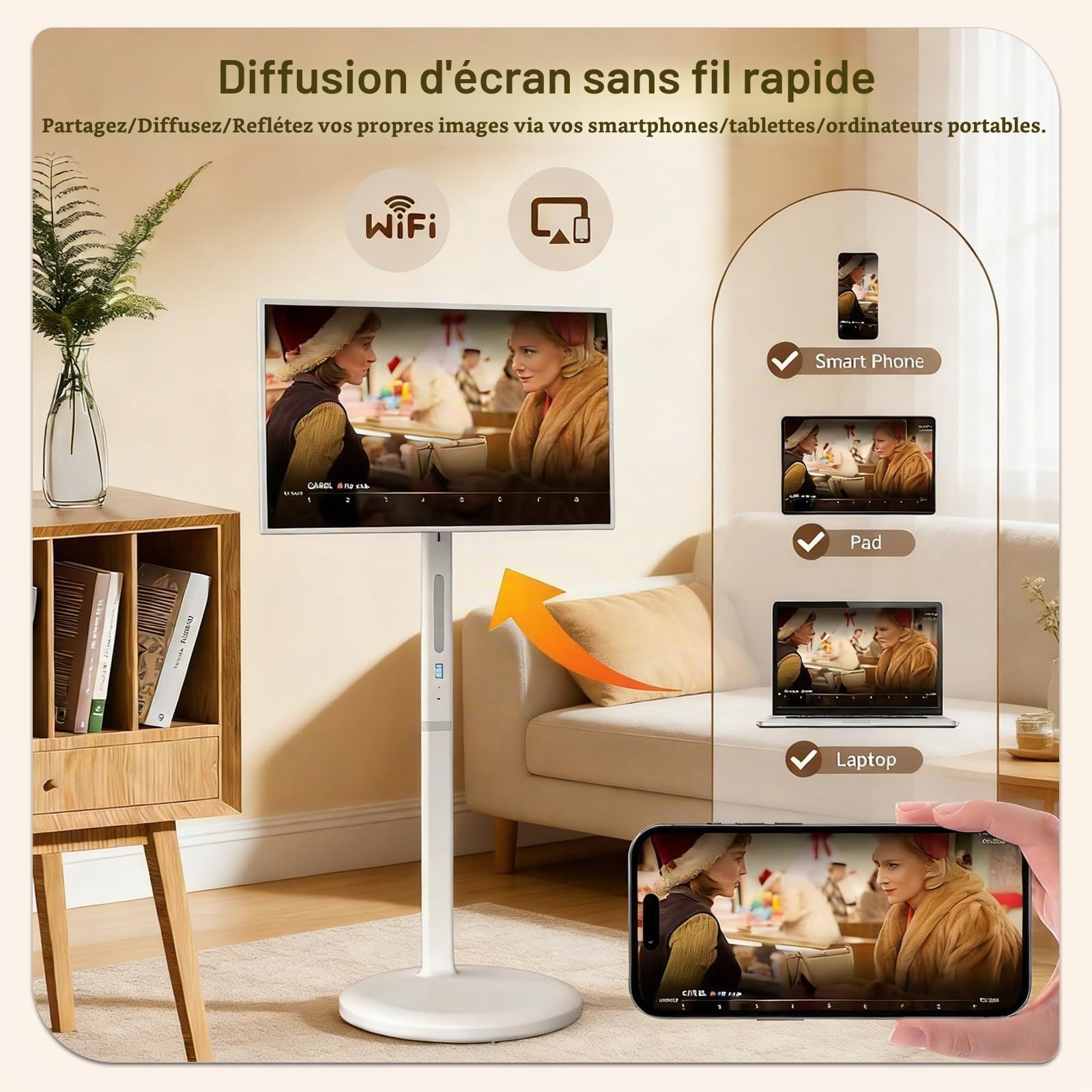 Téléviseur Portable 27 Pouces, Appareil Photo 12 MP, Moniteur Tactile Portable, Tablette TV Enroulable sur roulettes, Écran Tactile, 8 Go de Ram + 128 Go de Stockage, Batterie (6-8 H) 27"