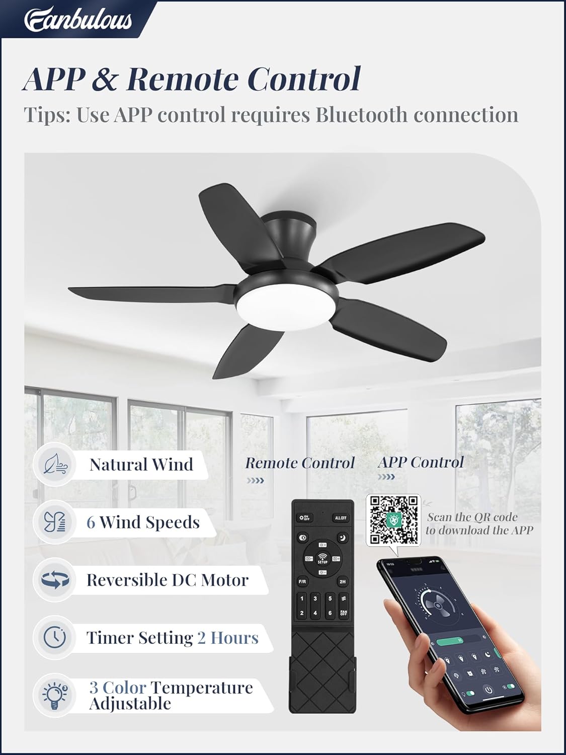 Fanbulous Ceiling Fans with Lights, 42 inch Low Profile Flush Mount Ceiling Fan with Remote/APP Control,Black Modern Ceiling Fan with LED Light for Bedroom Indoor Outdoor-LED Dimmable, 3CCT, 6 Speeds - Image 2