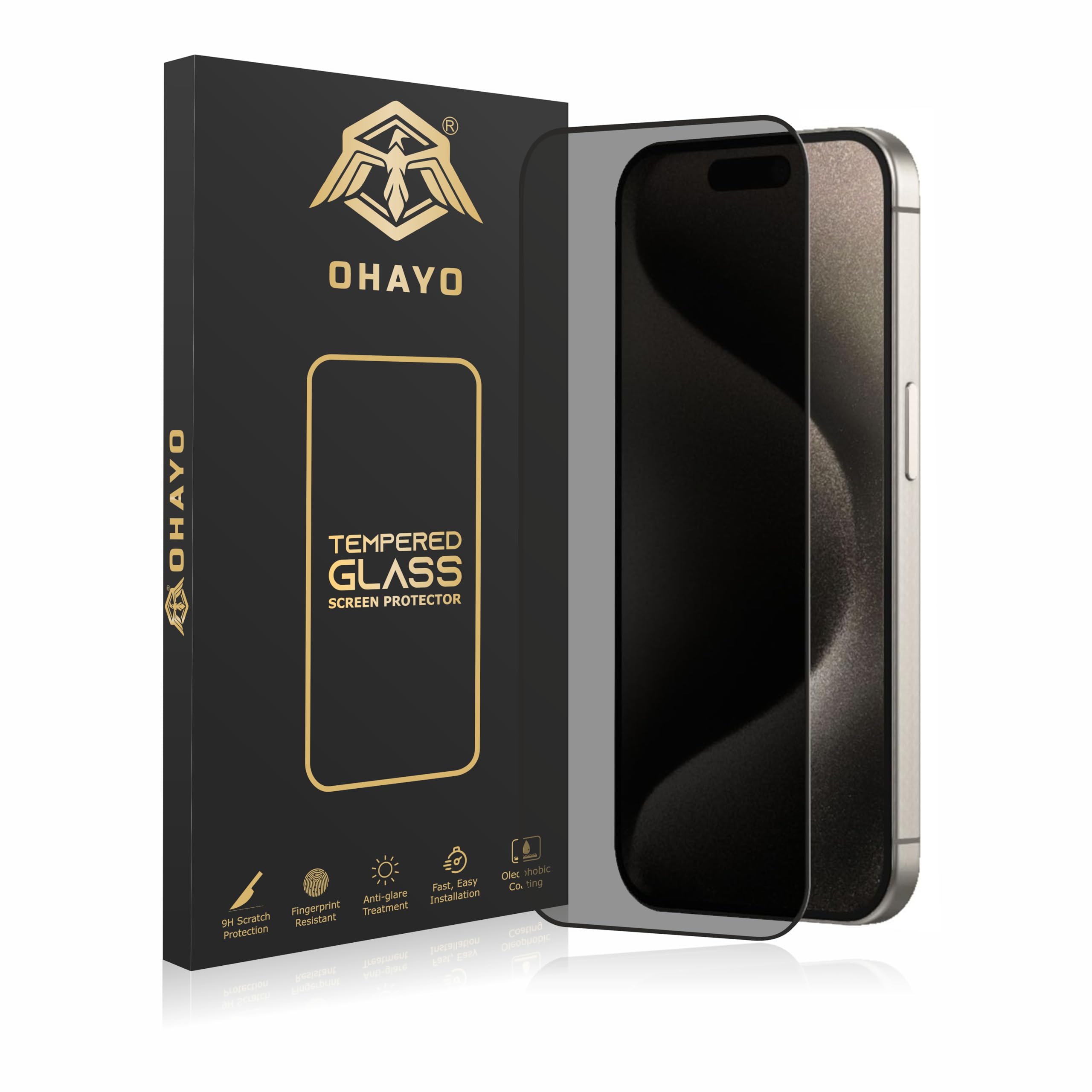 OHAYO Privacy Tempered Glass Screen Protector for iPhone 15 Pro Max – Anti-Spy 9H Hardness, Edge-to-Edge Protection, HD Clarity, Case Friendly, Easy Installation