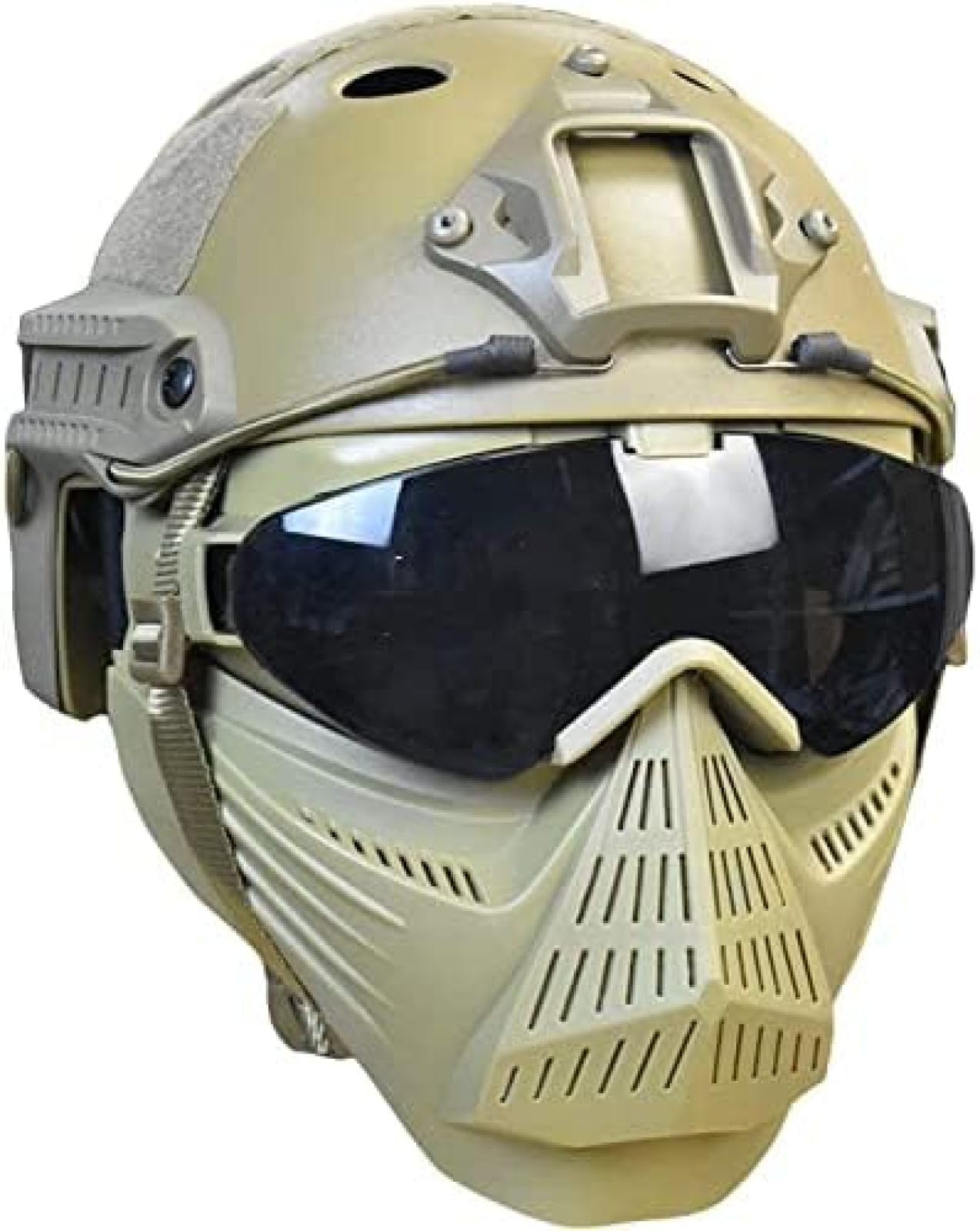 Casco Protettivo tattico Integrale da Softair con Maschera per Occhiali e Lenti, da Applicare al Gioco di Sopravvivenza CS Paintball di Ruolo,Tan,24 * 25 CM