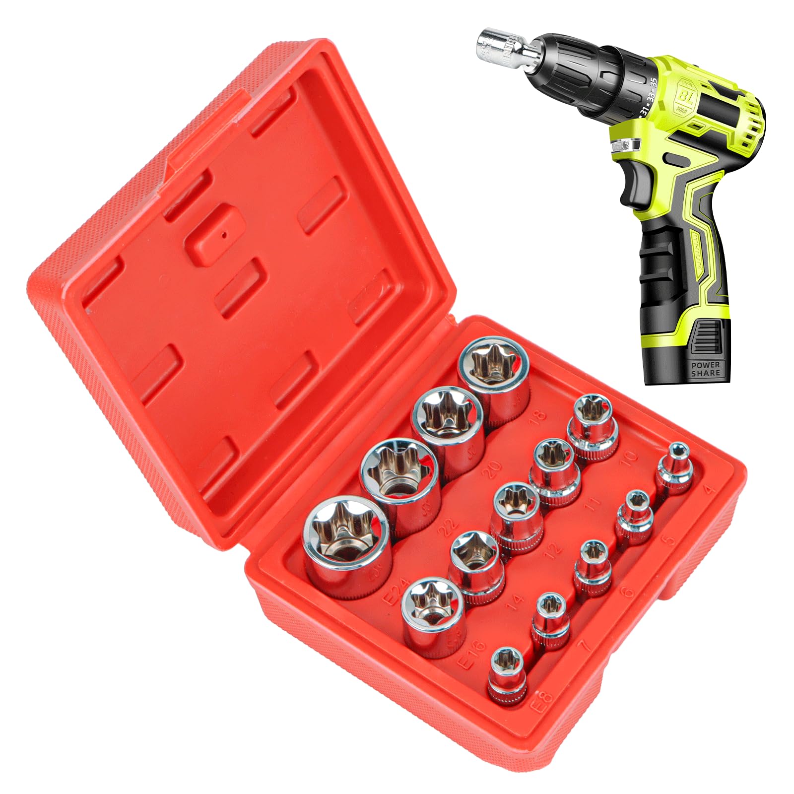 Yooyan 14-Page. Outdoor Torx Wrench Set 1/4" 3/8" 1/2", Torx Wrench nut Set sockets E4-E24